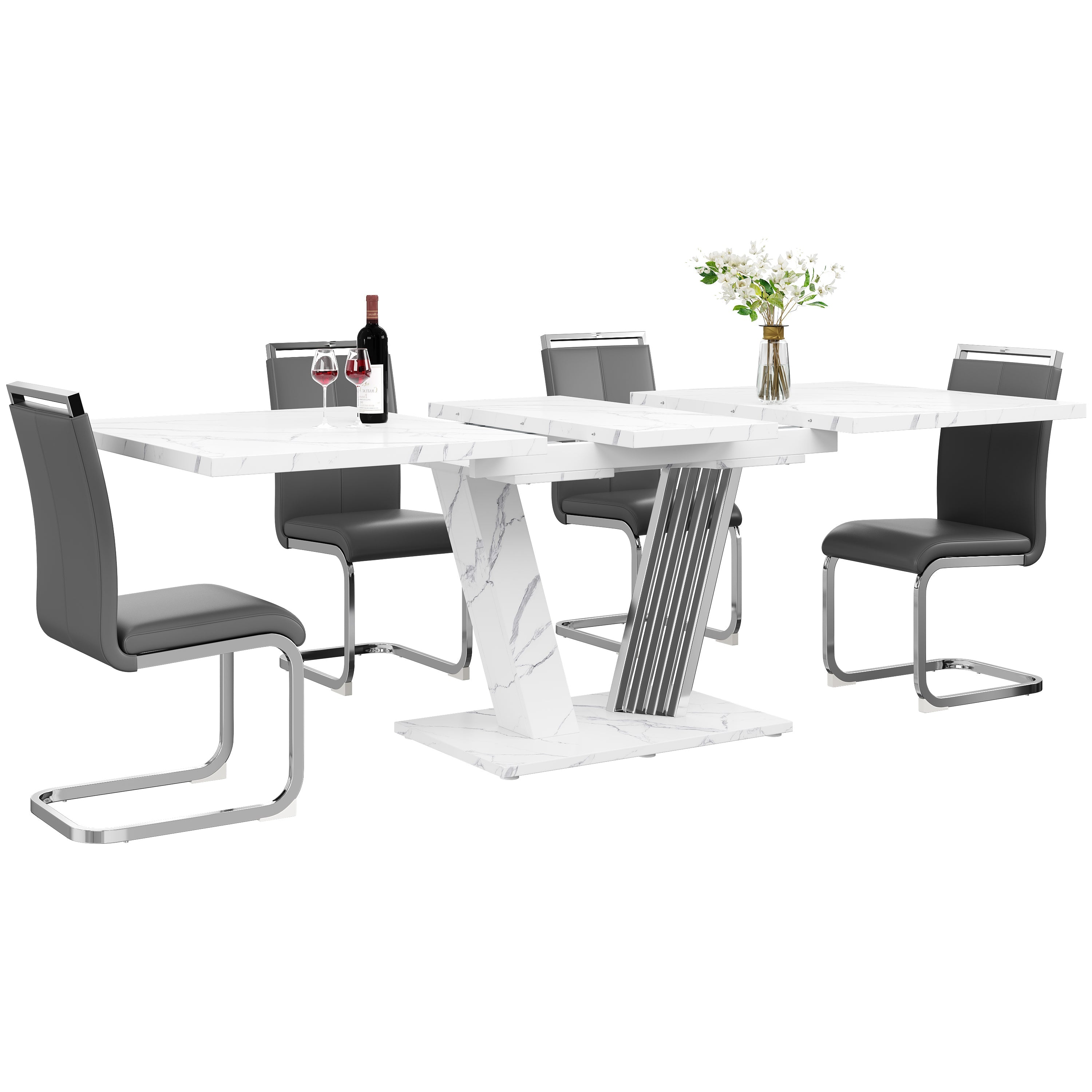 Dining Set Extendable Table with 4 Faux Leather Chairs Grey