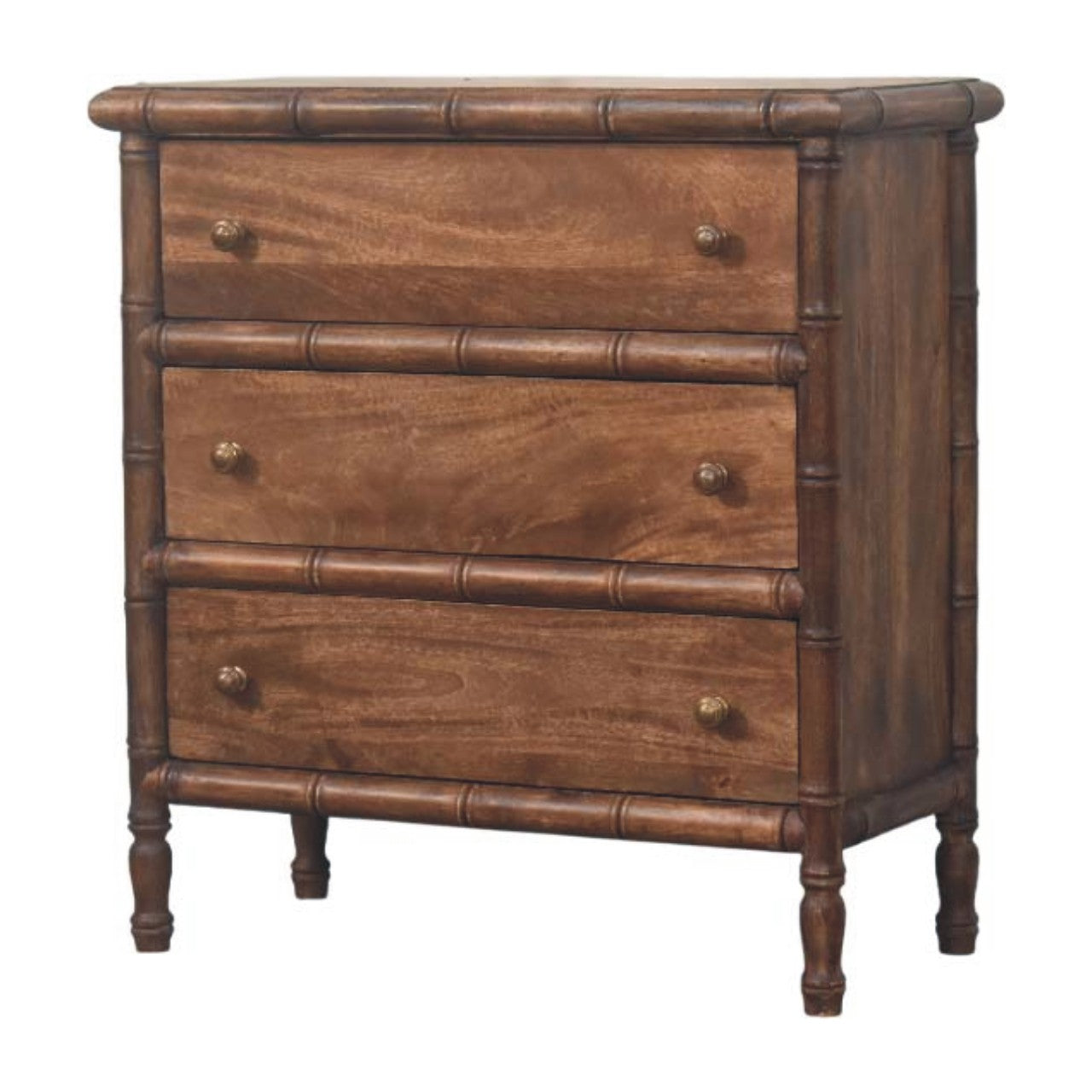 Solid Wood Chest with 3 Drawers, Bamboo Carved Brown