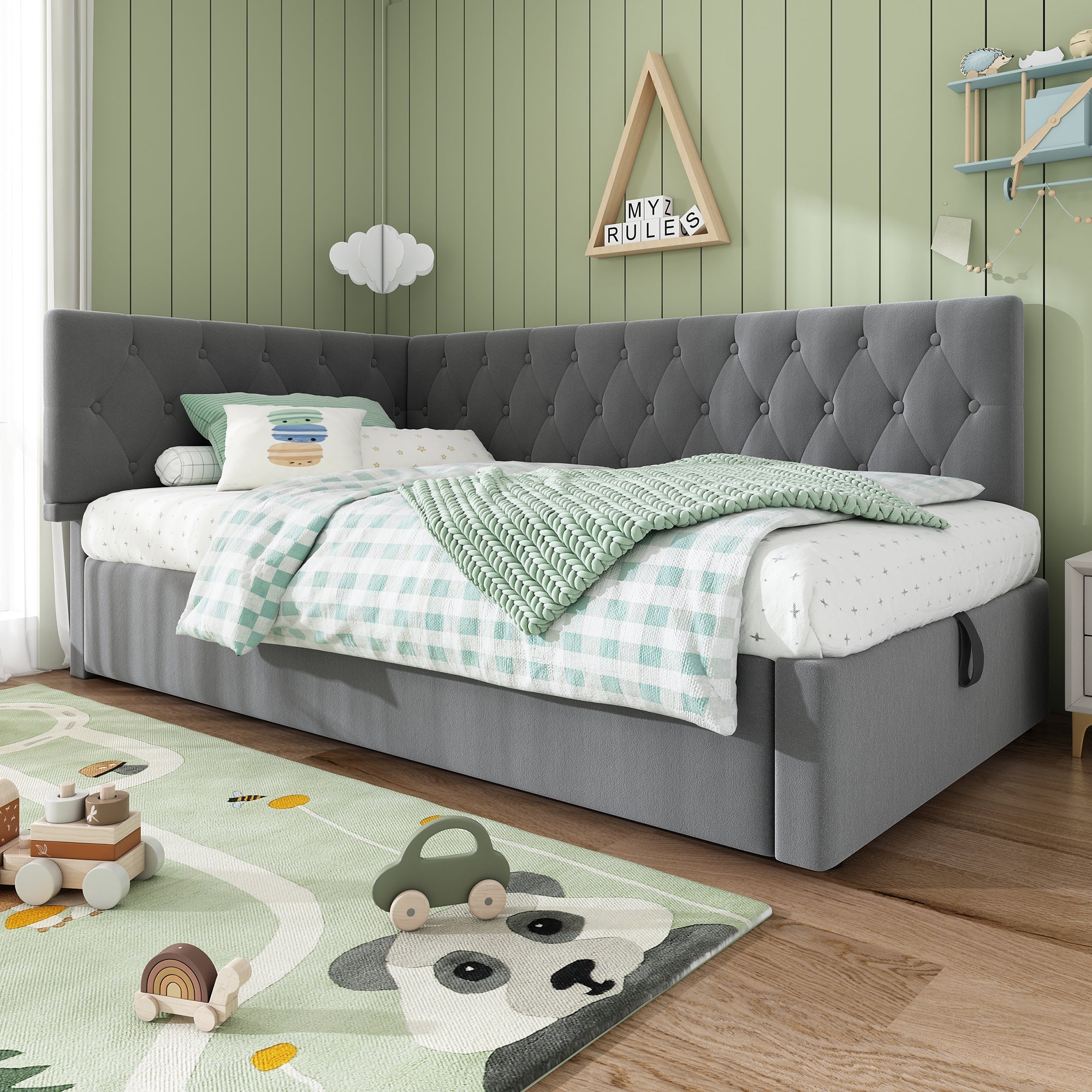 Upholstered Day Bed 90x190cm, Sofa Bed with Hydraulic Storage, Velvet Gray