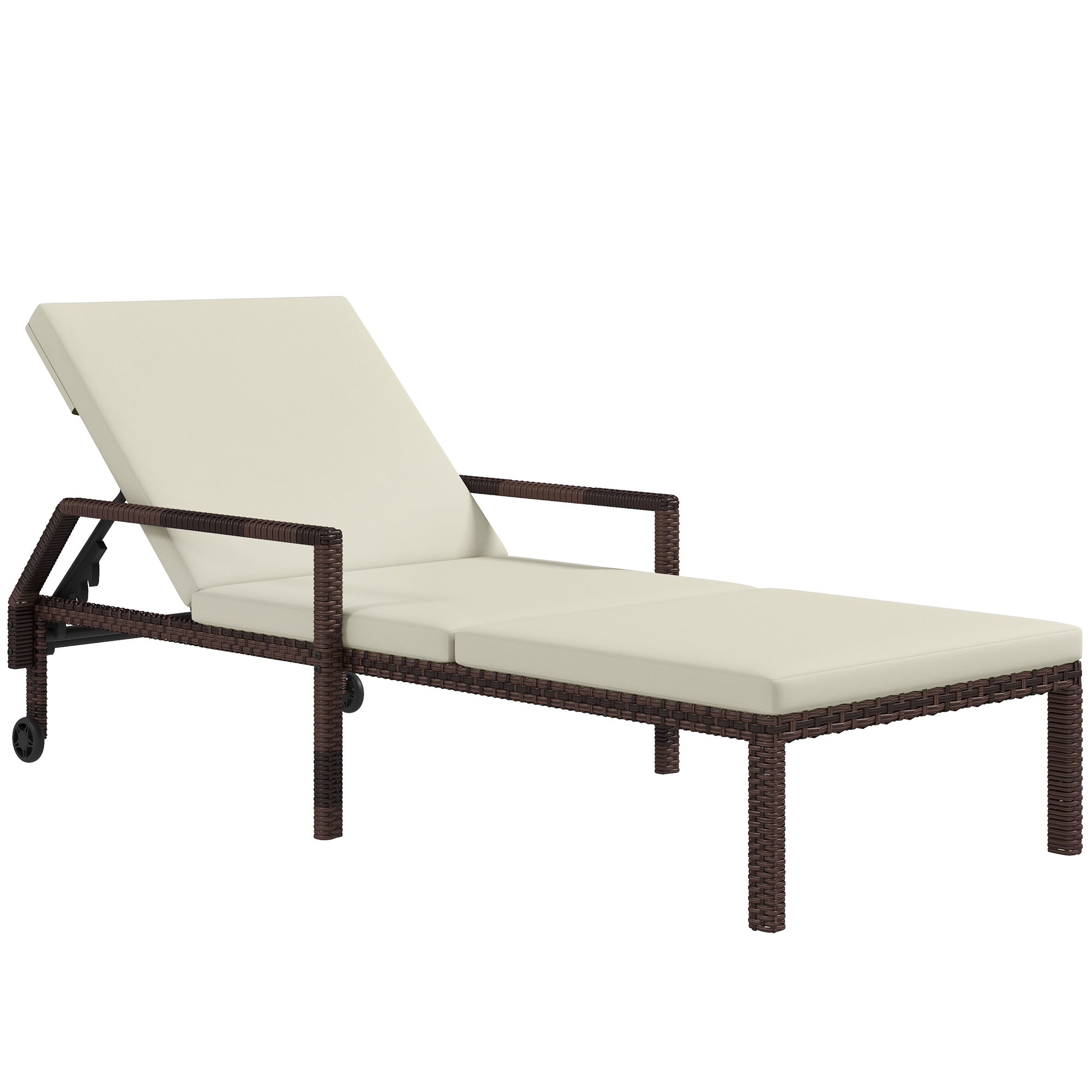 Outdoor Sun Lounger, Chaise Recliner 5-Level Adjustable Back with Wheels, Rattan Wicker