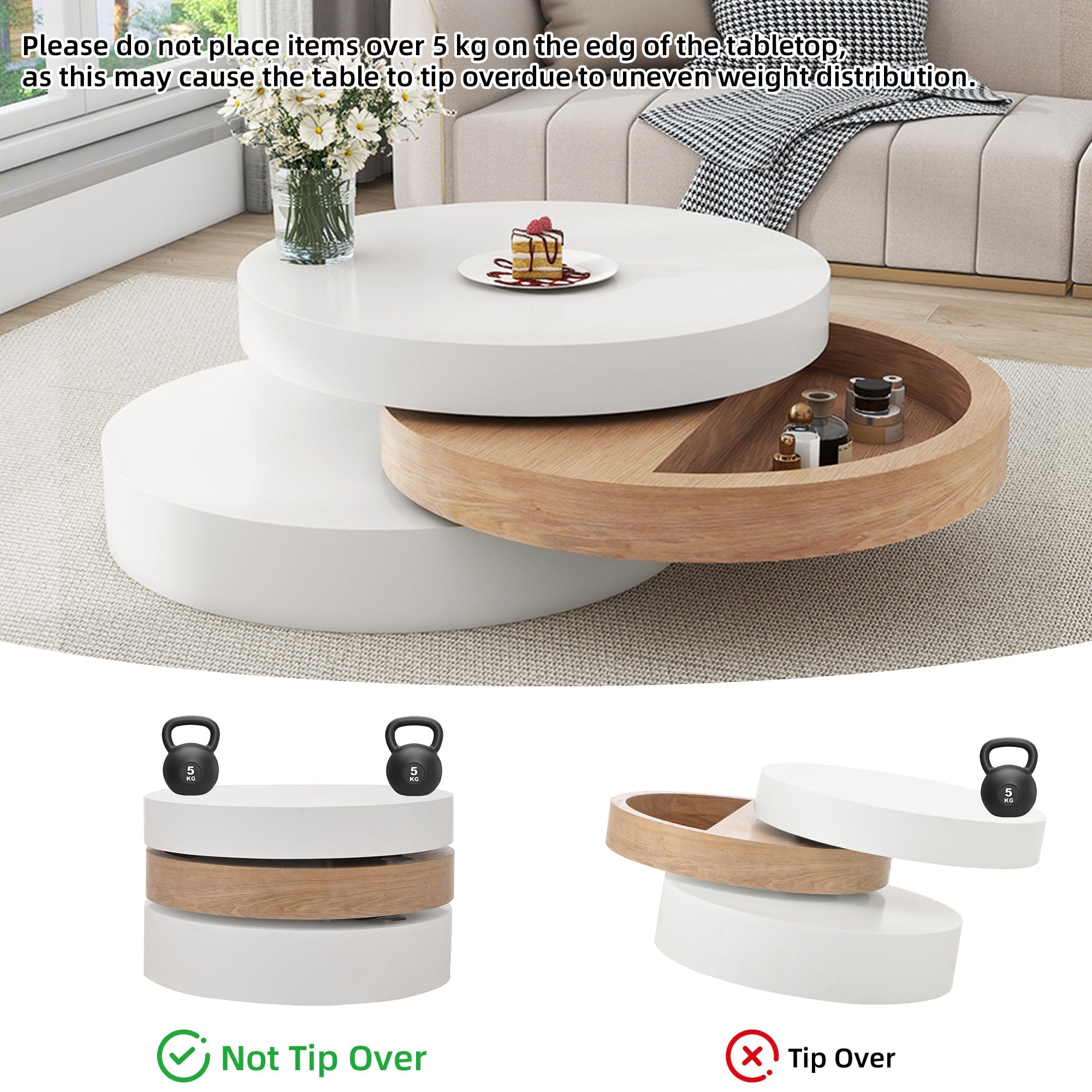 Cylindrical Coffee Table, 360° Rotate, 3-Tier Storage, 60x60x35.1 cm - Willow Wood