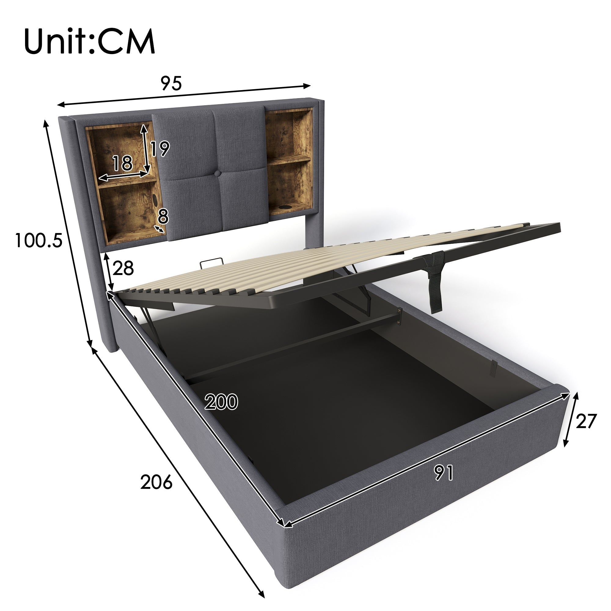 Single Bed with Wireless Charging & Storage, 90x200cm, Grey Cotton