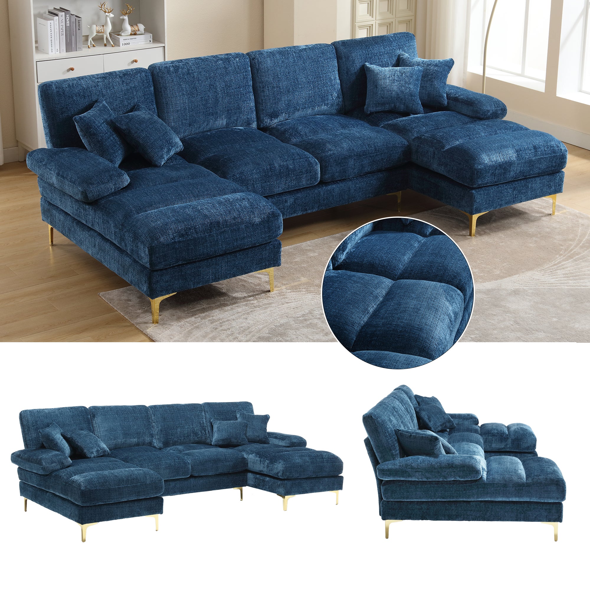 Sectional Sofa, Modern Large U-Shape with Double Reclining Seats, Chenille