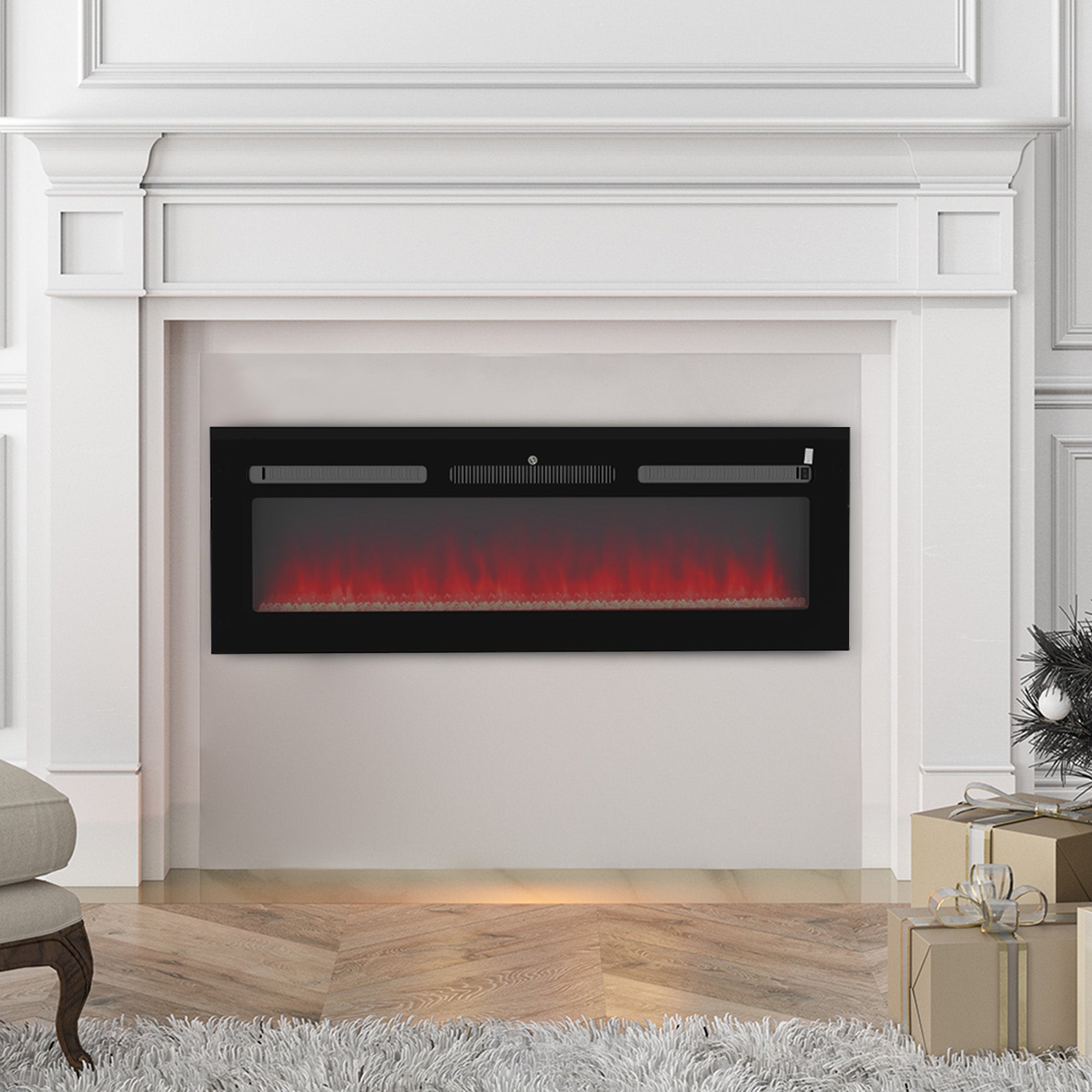 127cm Electric Fireplace, 2000W Recessed Wall Mounted with Remote, 9 Flame Colors and Crystal, Black