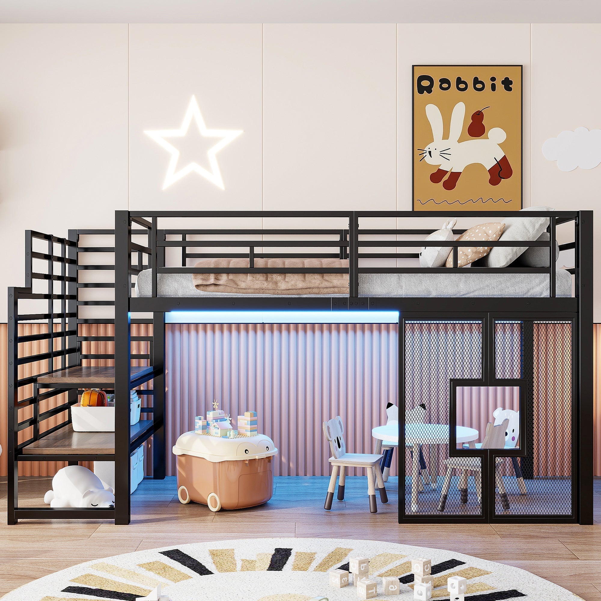 Metal Loft Bed with Stairs, Storage, LED Lighting and Windows, 90x200 cm, Black
