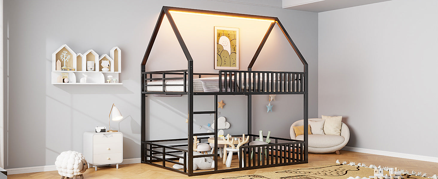 Bunk Bed 140x200 House Design Fence LED Light - Black
