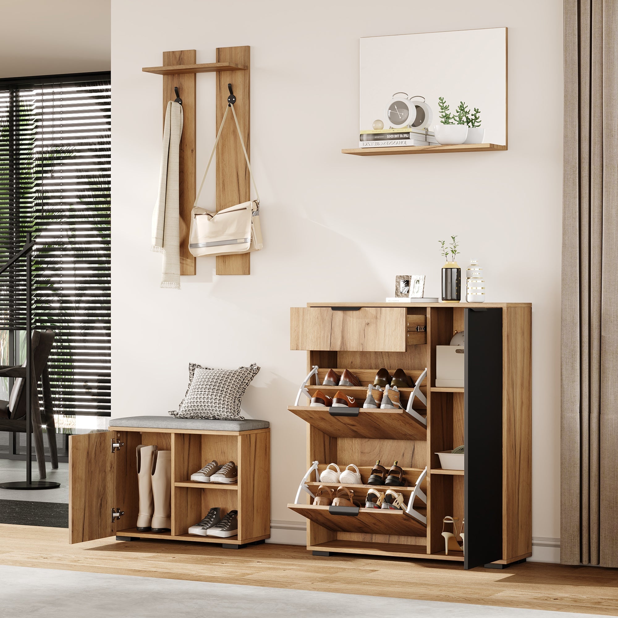 Hallway Wardrobe Set Wall-Mounted with Shoe Bench Shoe Cabinet Mirror Natural and Black