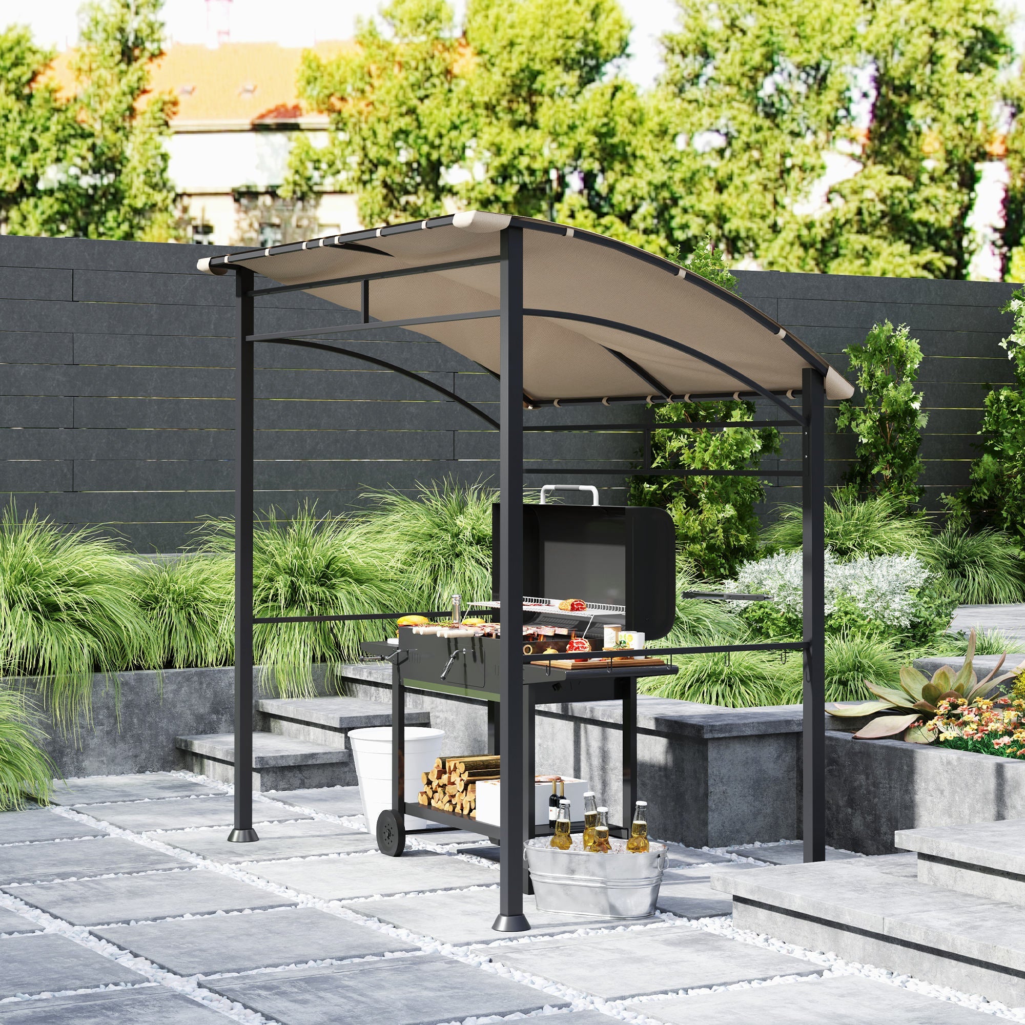 BBQ Grill Gazebo Tent 2.2x1.5m Metal Frame Curved Canopy 10 Hooks, Khaki