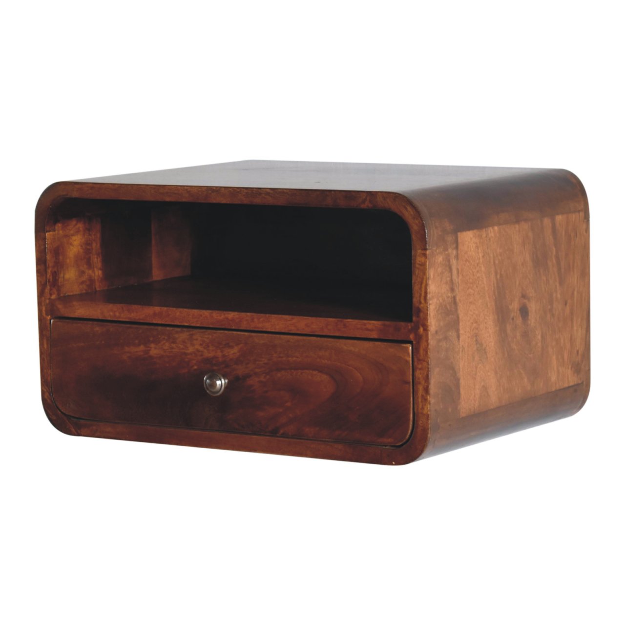 Solid Wood Floating Bedside, Large Curve 1 Drawer Open Slot, Dark Brown