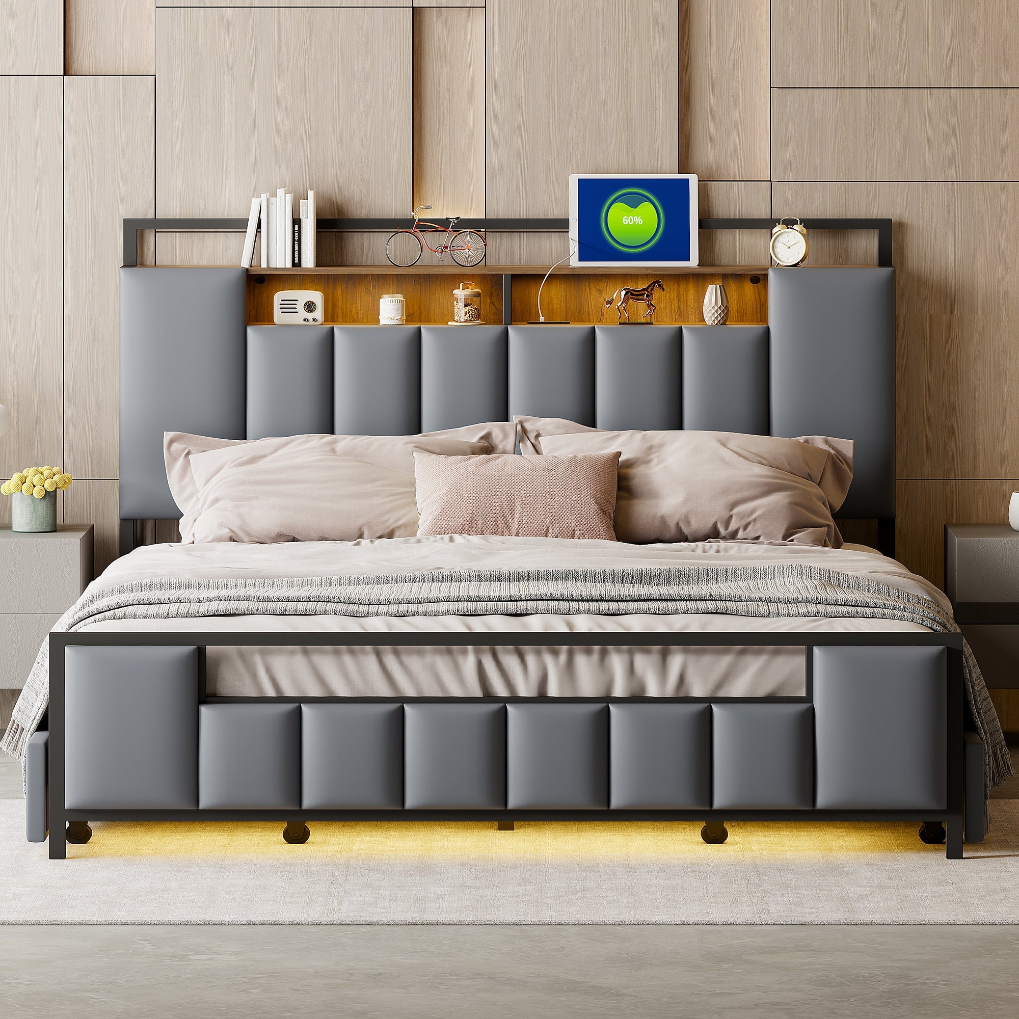Upholstered Bed, Multifunctional with LED & USB, Drawers, Faux Leather Grey
