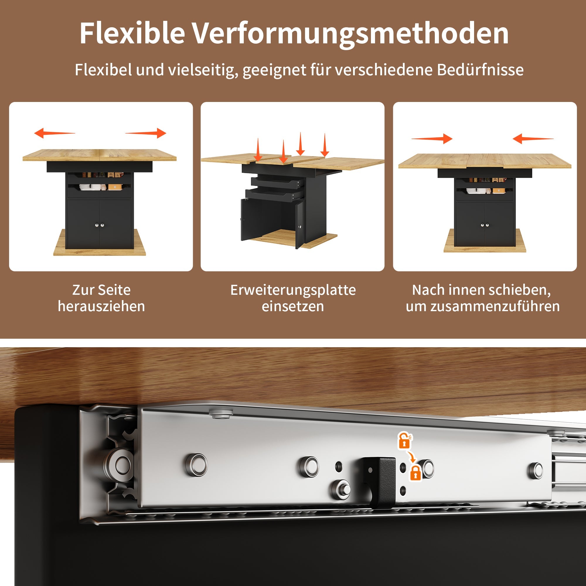 Telescopic Dining Table, Extendable Foldable 4-6 Person Storage, MDF Metal