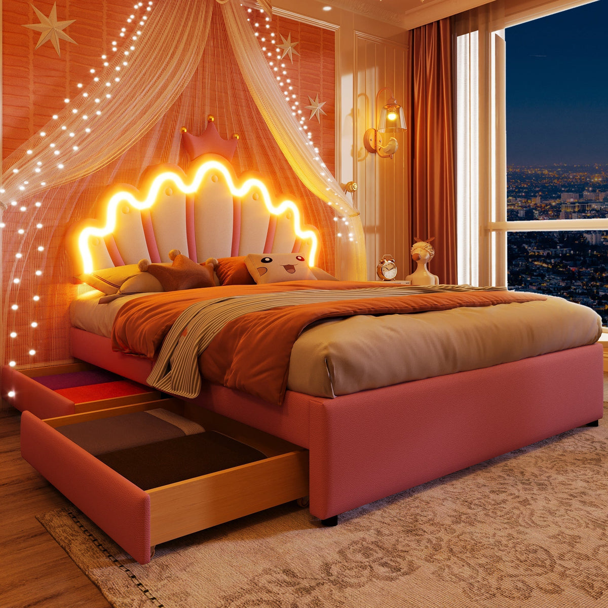 Princess Upholstered Bed 140x200cm Crown Shape LED 2 Drawers - PU Pink