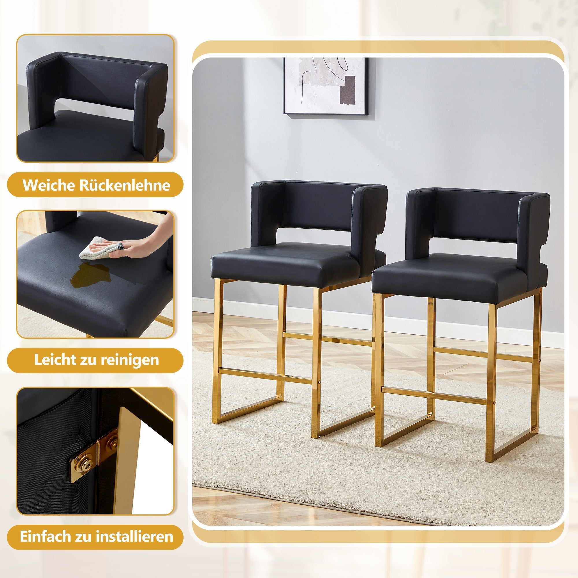 Bar Stools Set of 2 Nordic Square Gold Metal Legs - Black