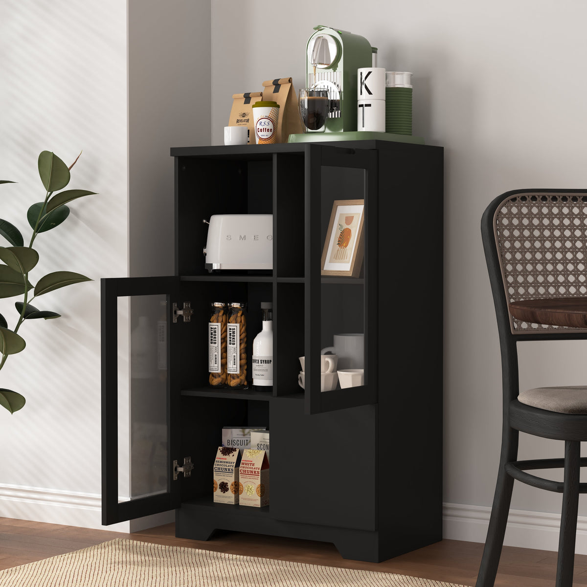 MDF Cabinet Glass Doors Drawer Open Storage - Black