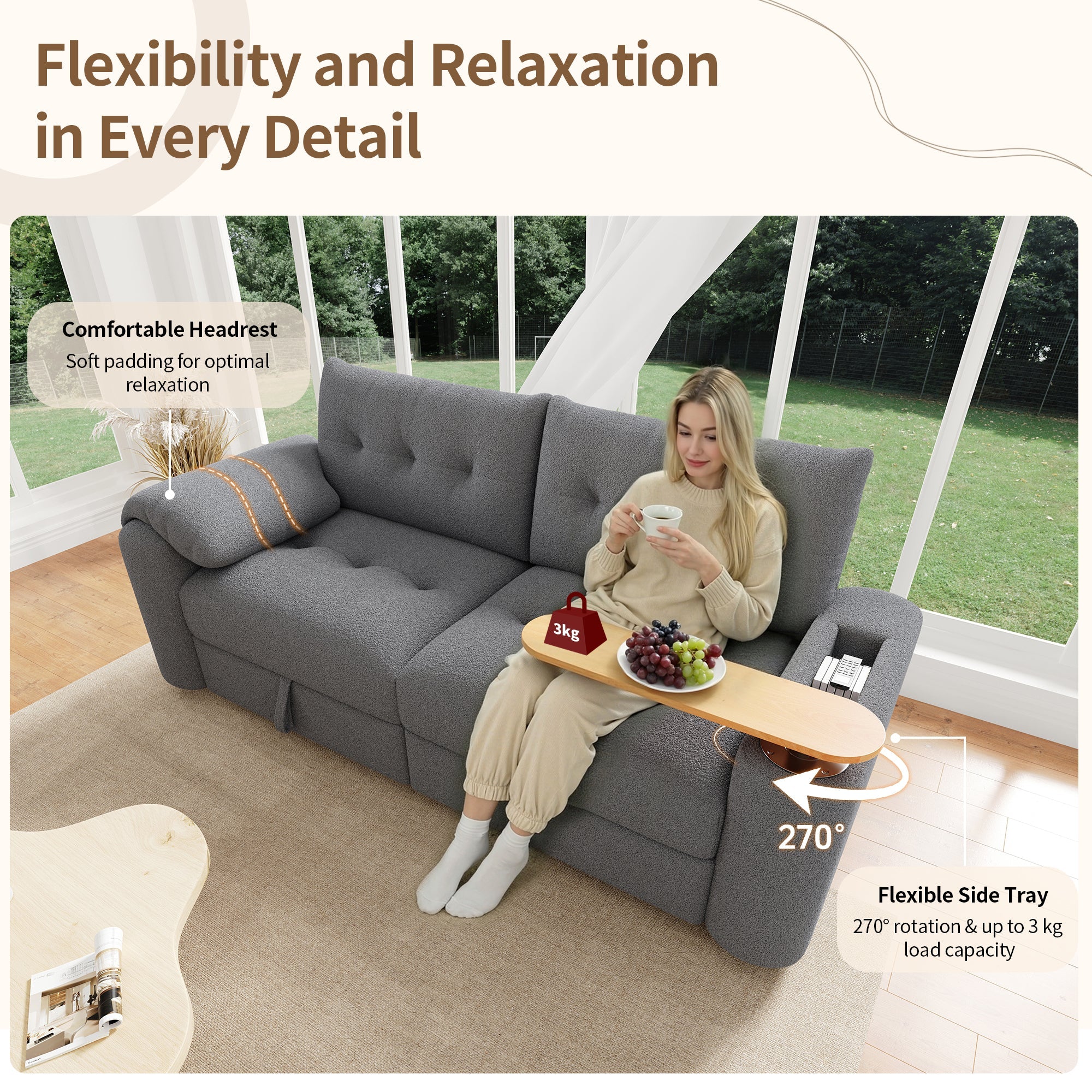 Teddy Plush Sofa, 3-Seater Modular Sofa Bed with Storage and Side Table, Gray