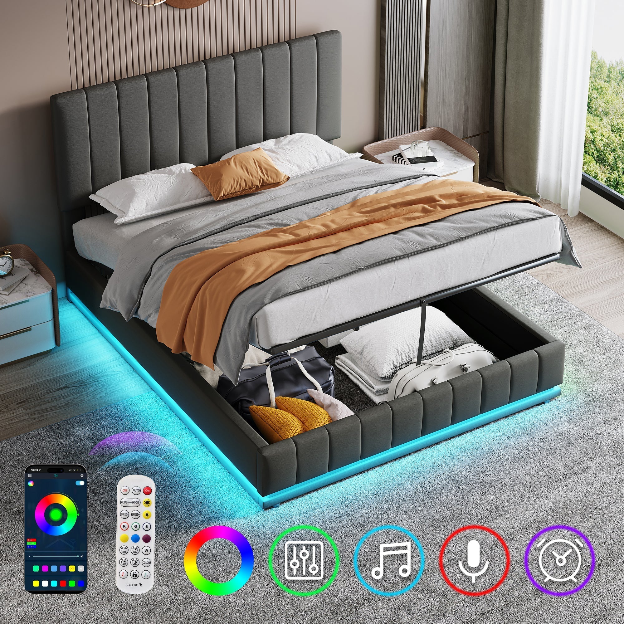 Ottoman King Bed with LED Lighting, Hydraulic Storage, and Adjustable Channel Tufted Headboard, Grey PU Leather