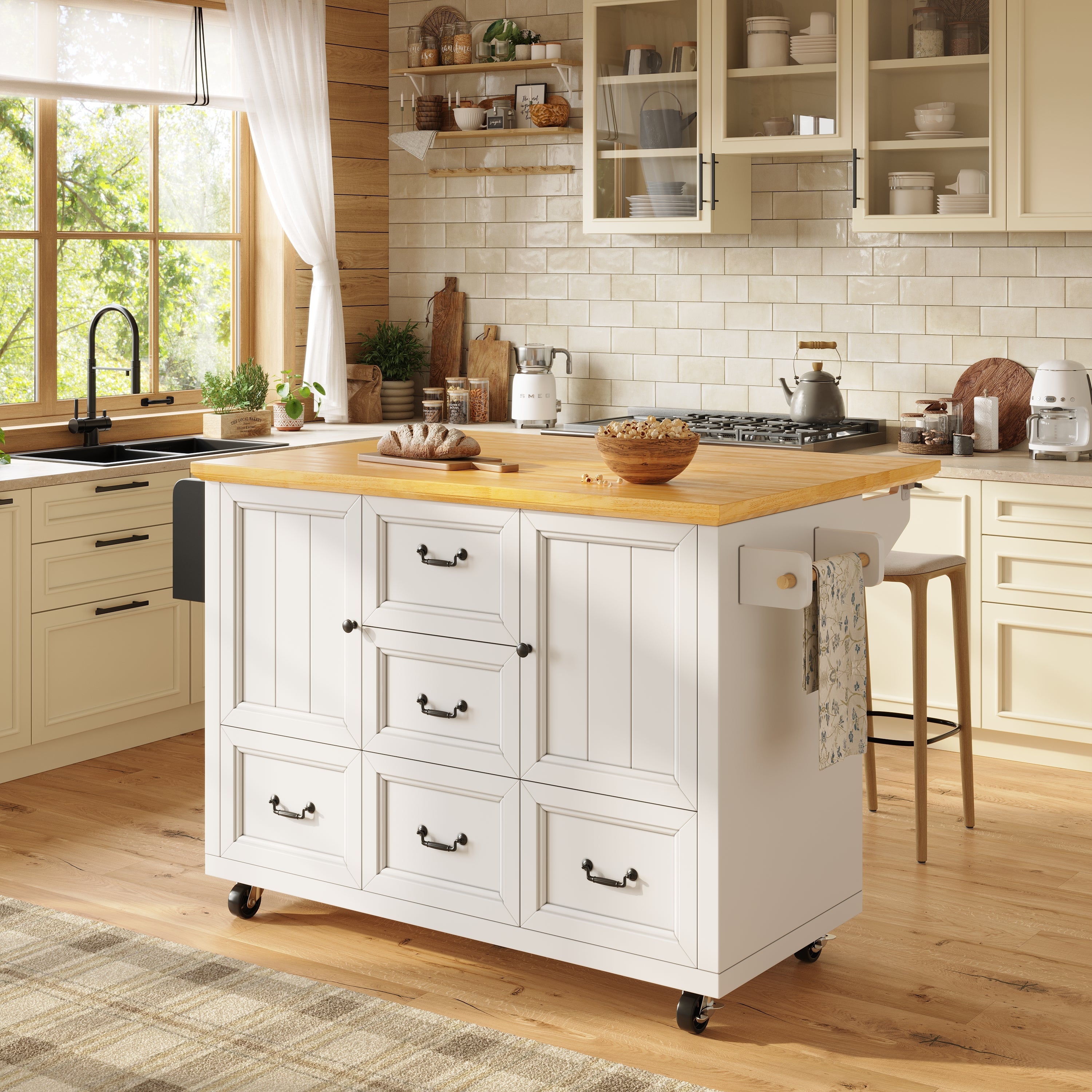 Kitchen Island Extendable Trolley 5 Drawers Towel/Spice Rack - White/Black