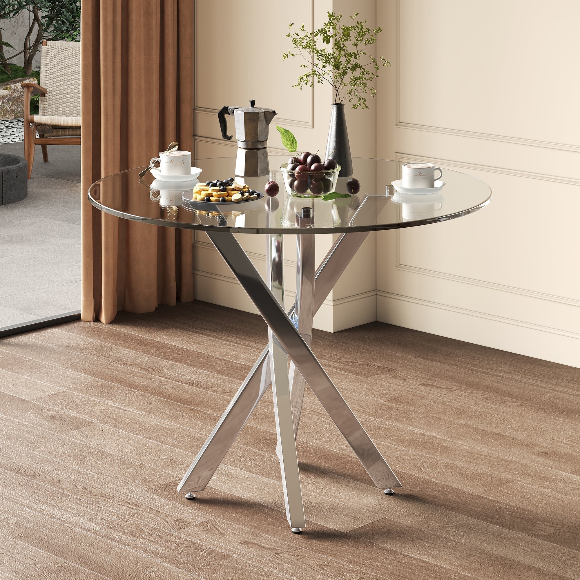 Dining Table Set with Tempered Glass Tabletop and 2 Chairs, Green and Silver