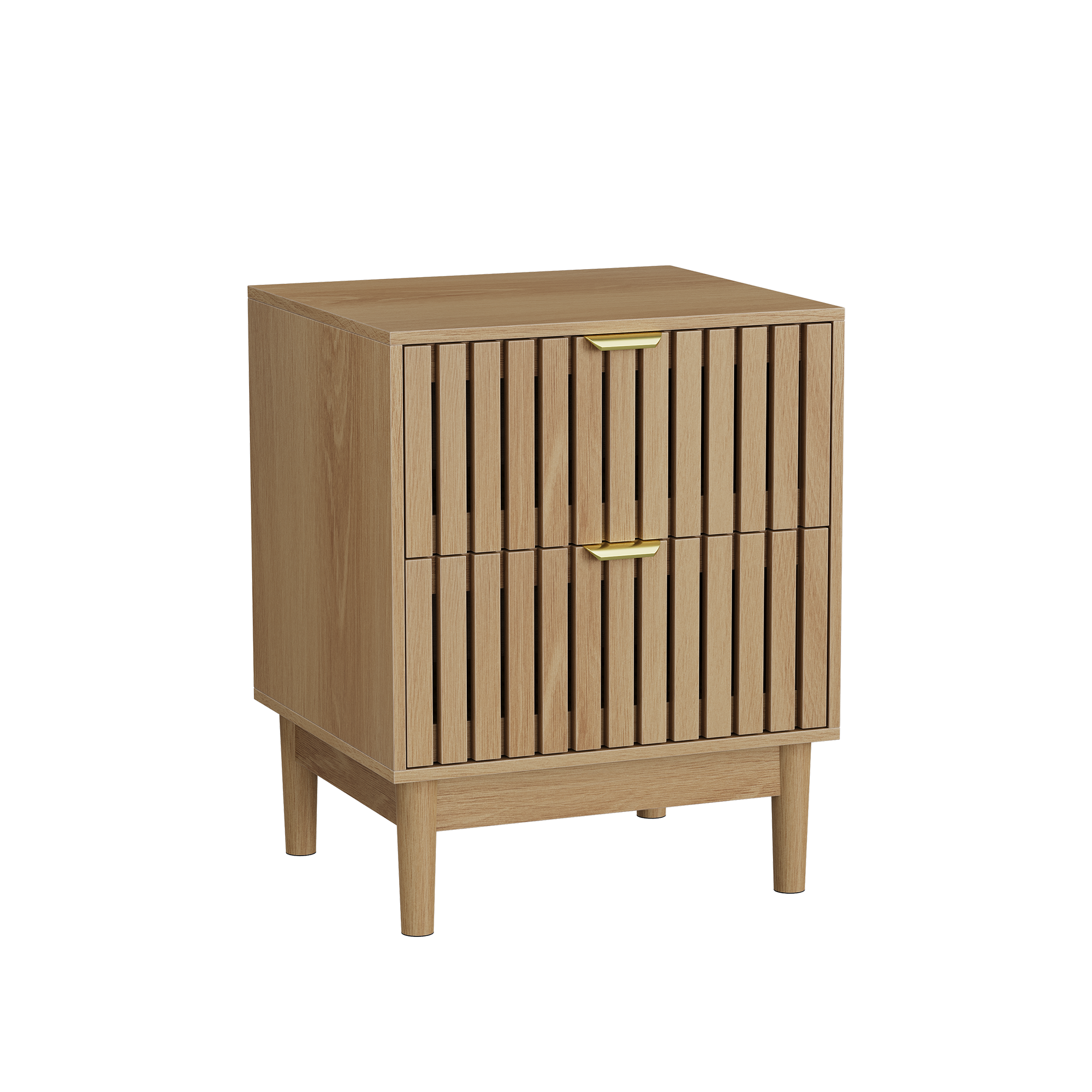 Mid-Century Modern Nightstand with 2 Drawers and Slatted Design, 45 x 39 x 56.5 cm, Oak-Colored Wood