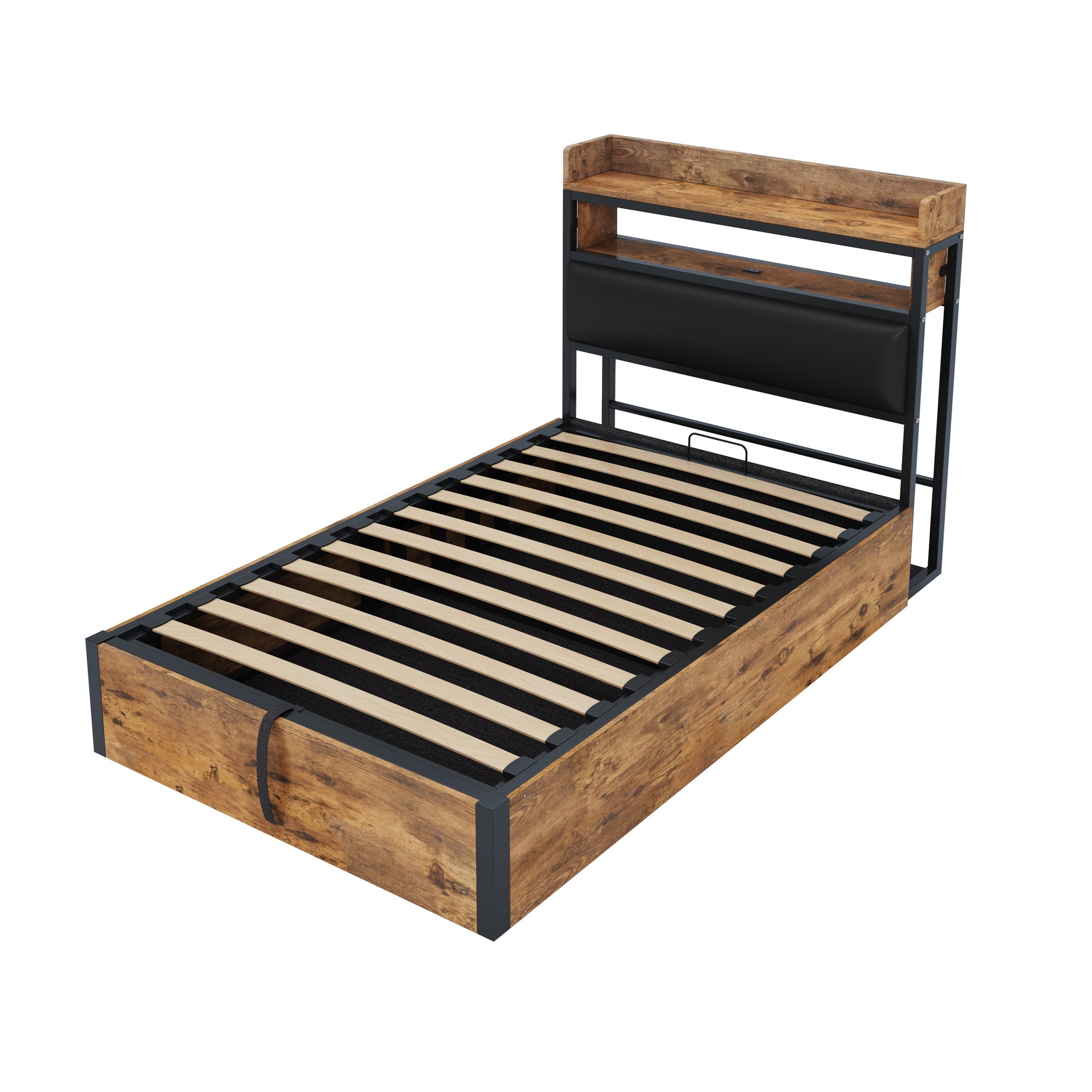 Bed Frame, 90 x 200, Hydraulic Lift, USB, Upholstered Headboard, Black