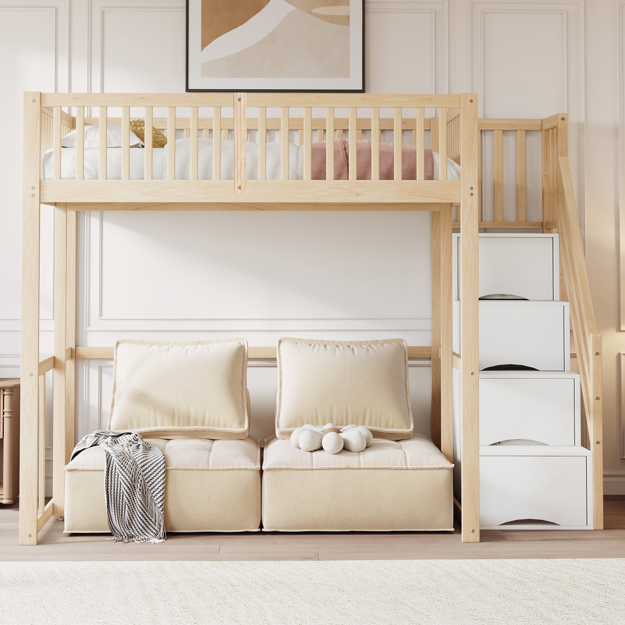 Loft Bed 140x200cm with Safety Ladder Railing & Storage Solid Pine Wood Color
