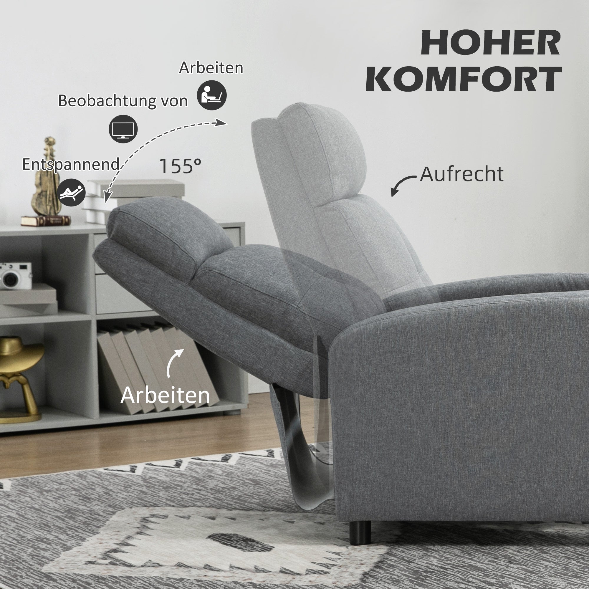 Reclining Armchair, Upholstered with Pocket Spring Core, 150 kg Capacity, Linen Look Grey