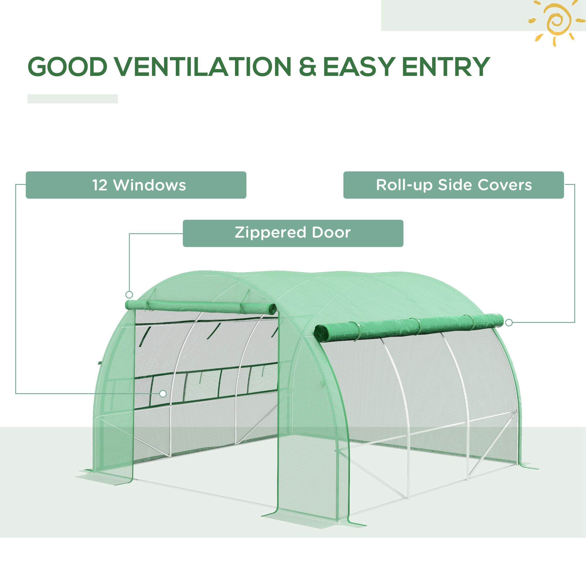 Polytunnel Greenhouse Walk-in Tent, Roll-up Sidewalls Zipped Door 6 Windows 3x3x2m, Green