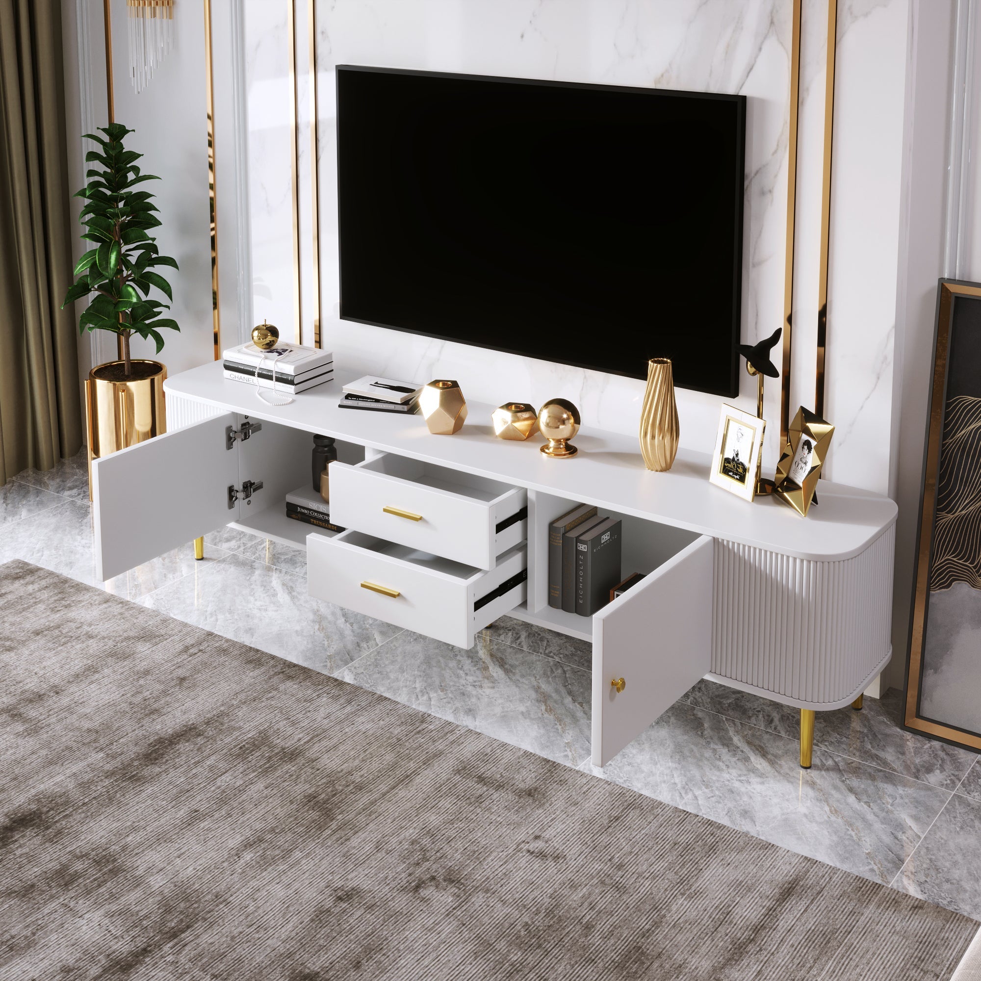 TV Cabinet, Curved Corners Wavy Sides Drawers, Gold Handles and Legs
