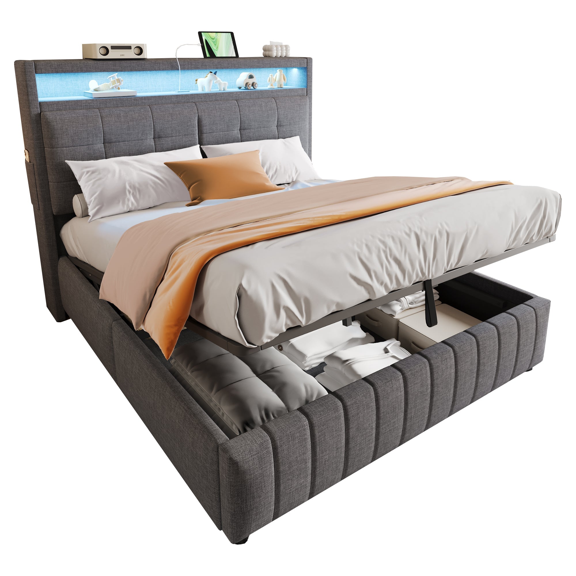 Upholstered Bed 160x200 cm, LED Lighting, USB Socket, Hydraulic Storage, Gray Linen