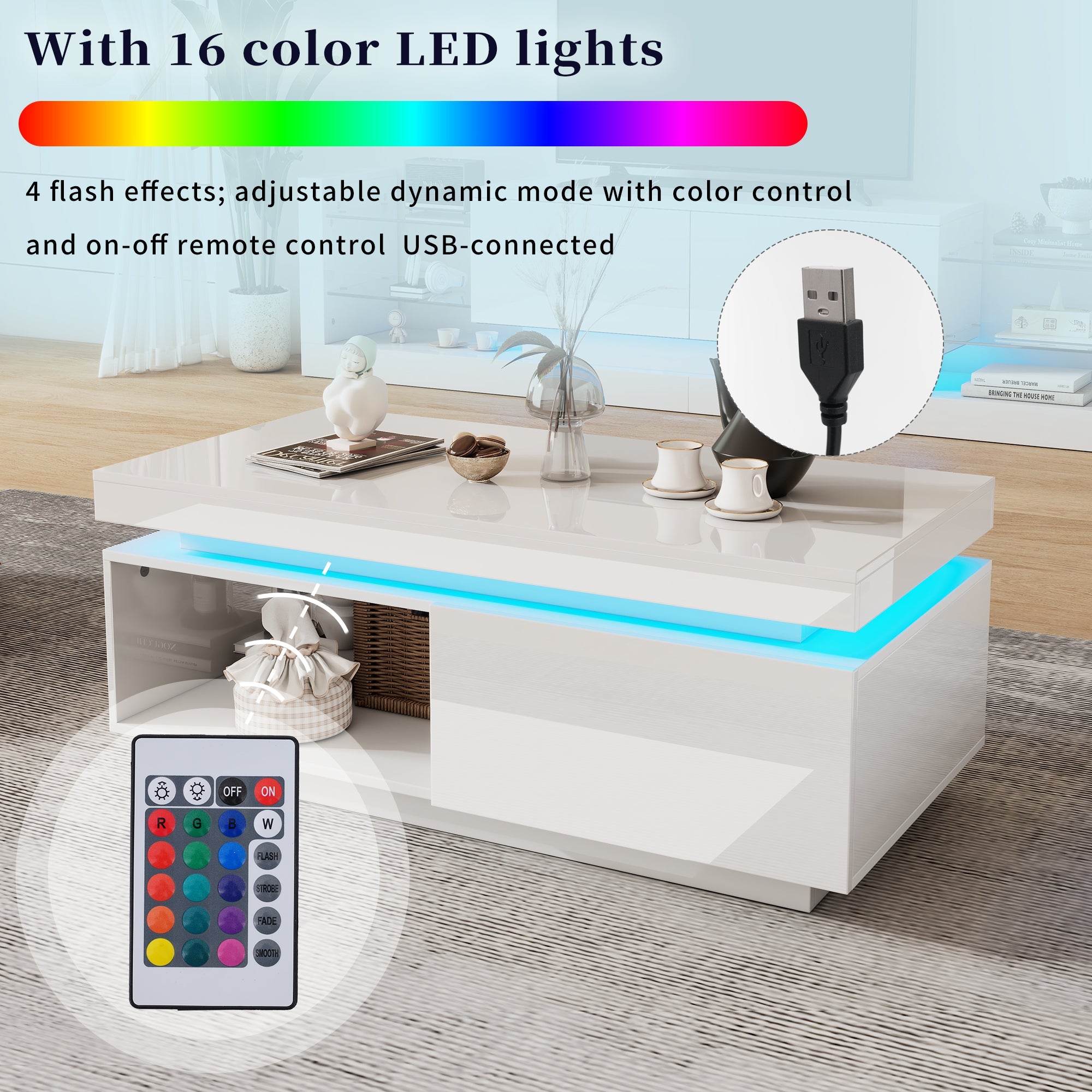 Modern high-gloss coffee table with LED lighting and drawer, 50 kg capacity