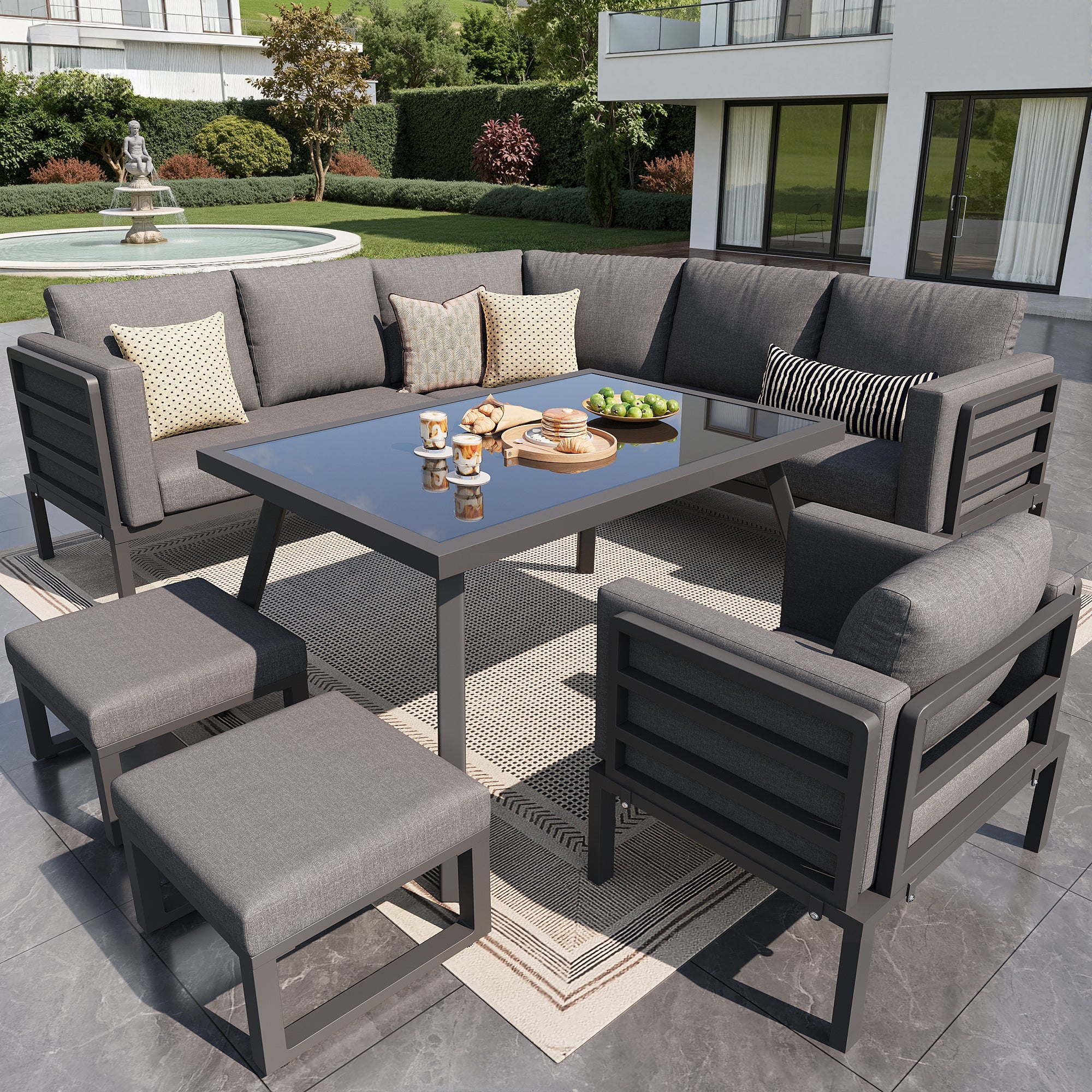 Garden Sofa Set Crescent 8-Person with Glass Table Weatherproof - Grey Cushions