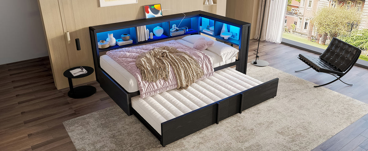 Metal Daybed with Pull-out Bed, Storage Cabinets, LED Lighting and USB Ports, 90x200cm, Black Metal
