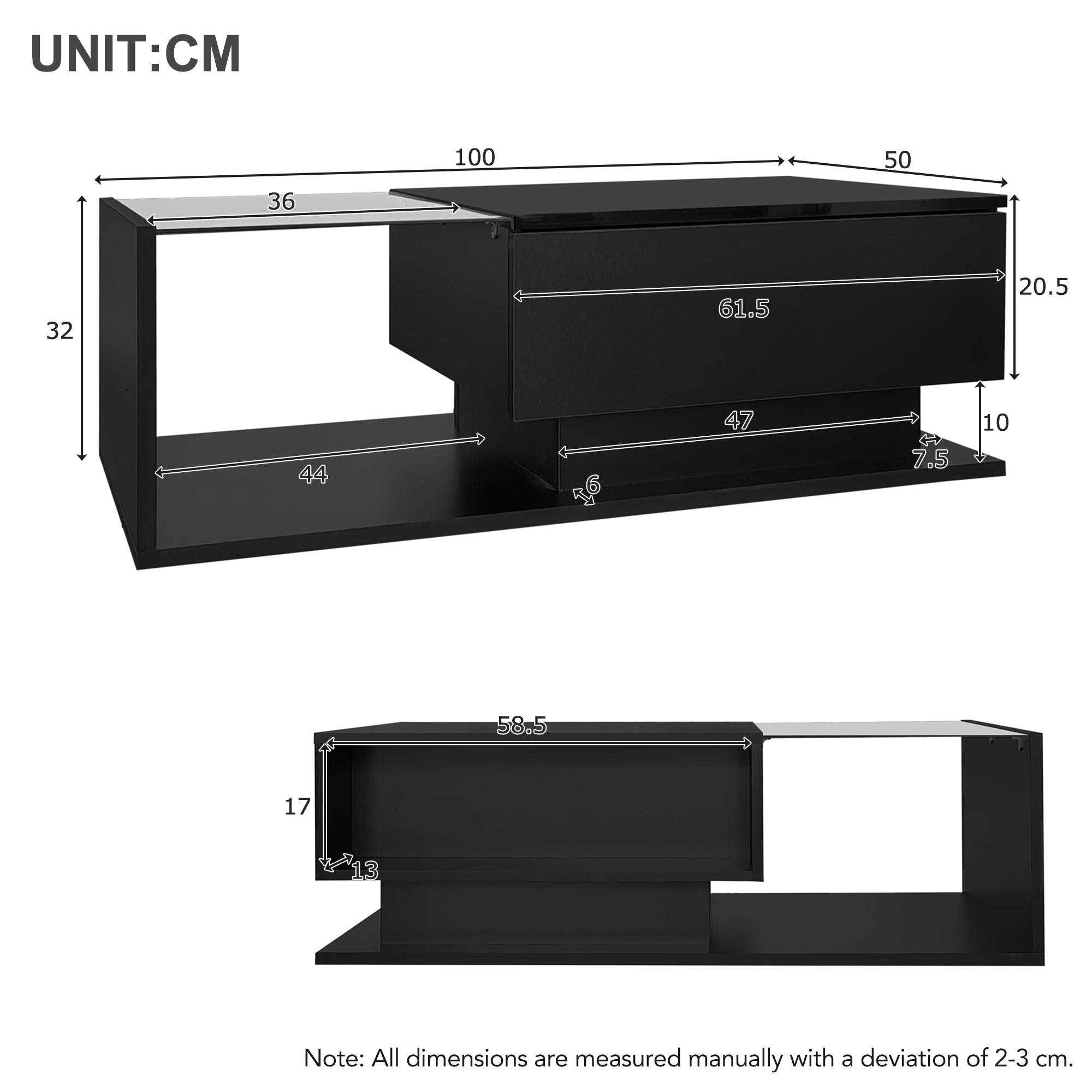 LED Coffee Table, Modern High Gloss Coffee Table, Center Table with Glass, Modern Coffee Table for Living Room with Drawer (Black)