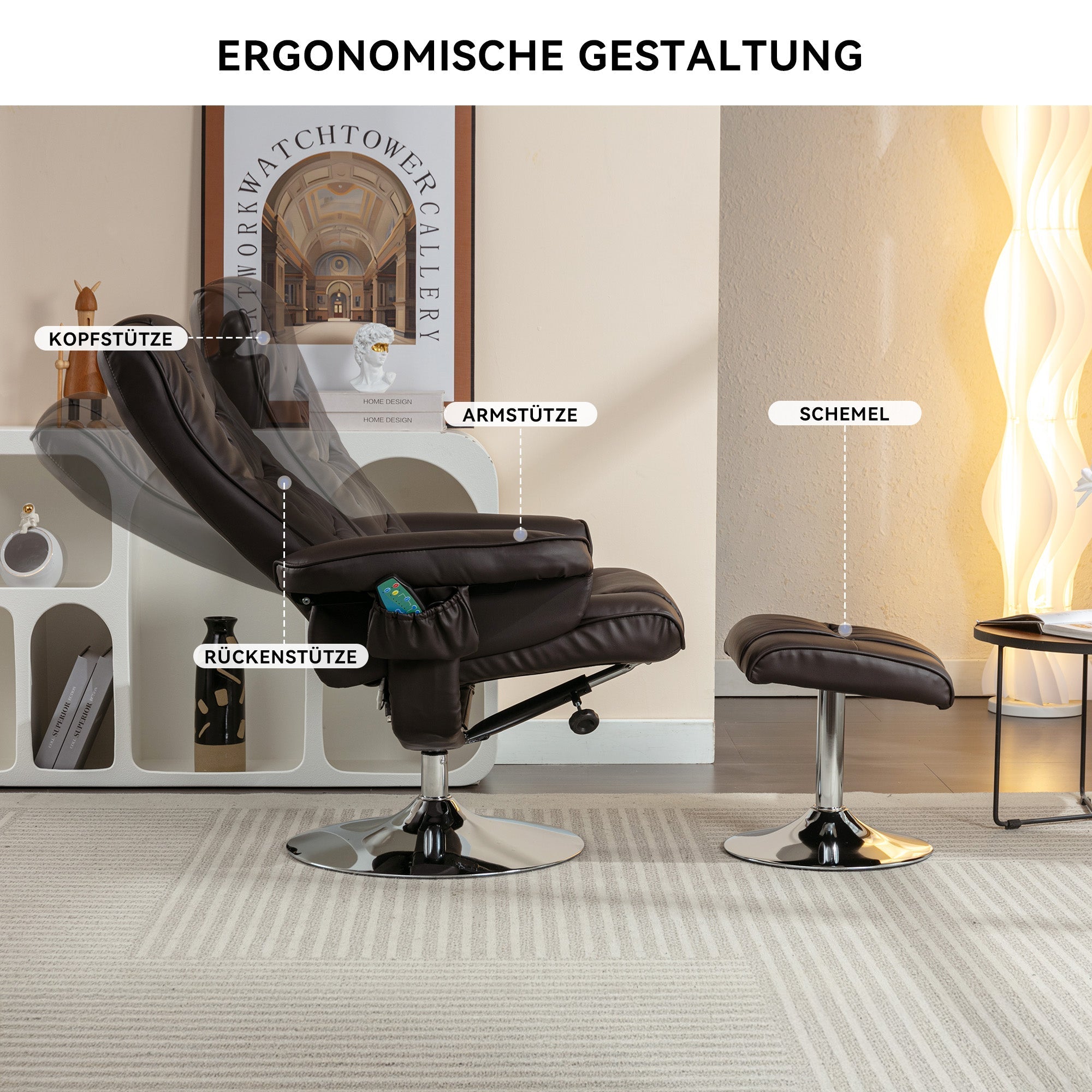 Massage Chair with 5-Point Massager, Ottoman, PU Upholstery, Brown