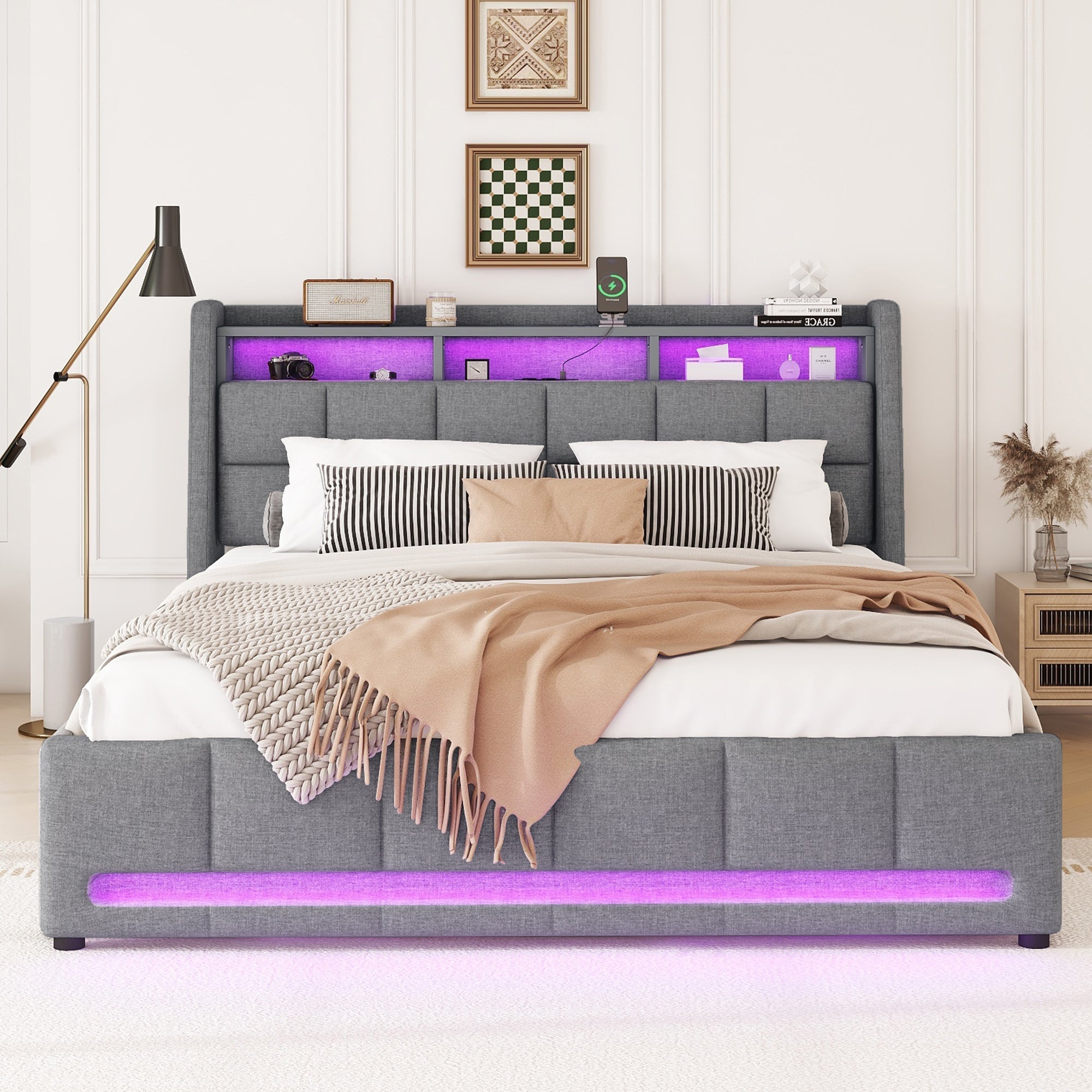 Upholstered Bed 140x200cm LED Light, Drawers, USB/Socket, Built-in Storage - Linen Grey
