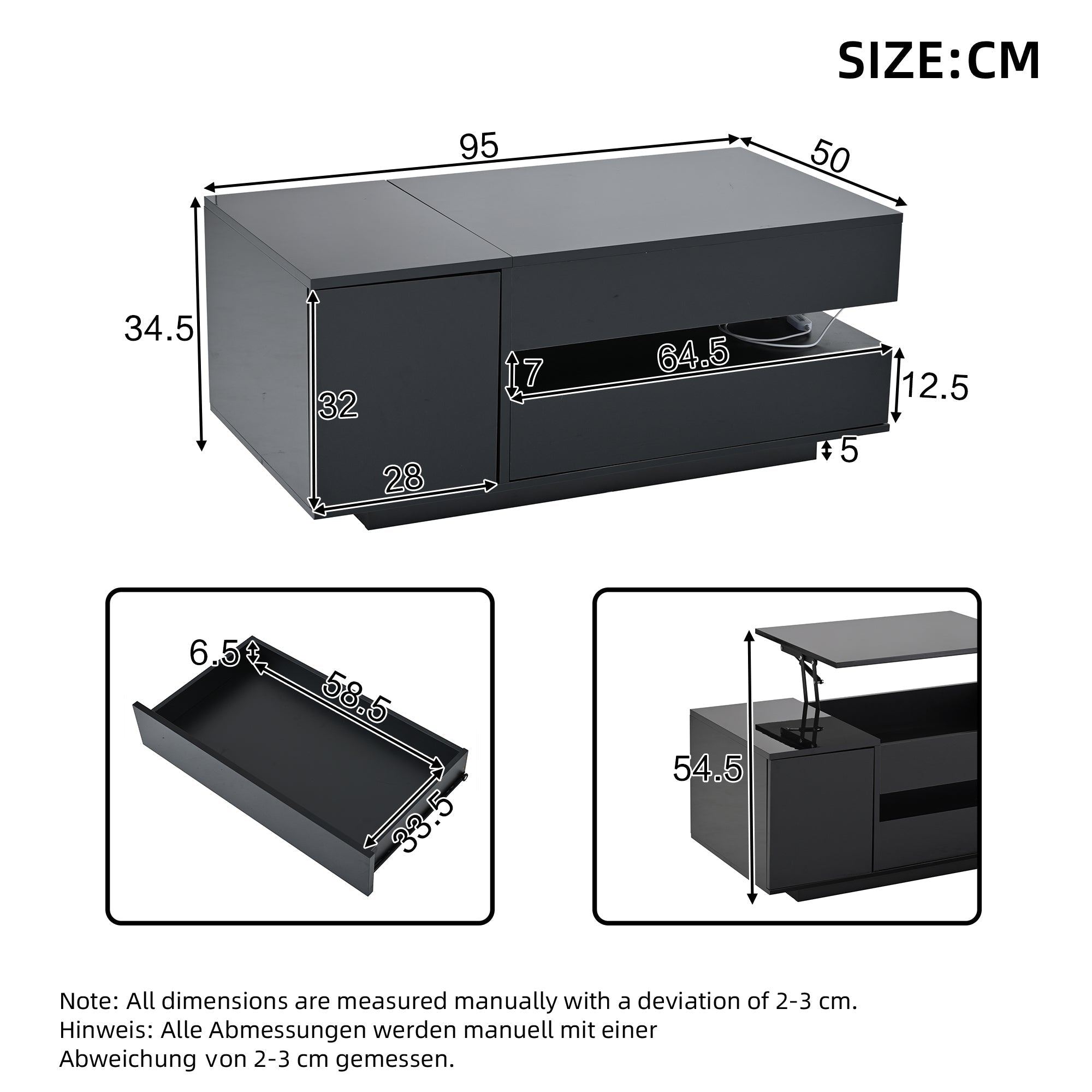 Coffee Table Liftable 95x50x34.5cm, LED, High-Gloss Black