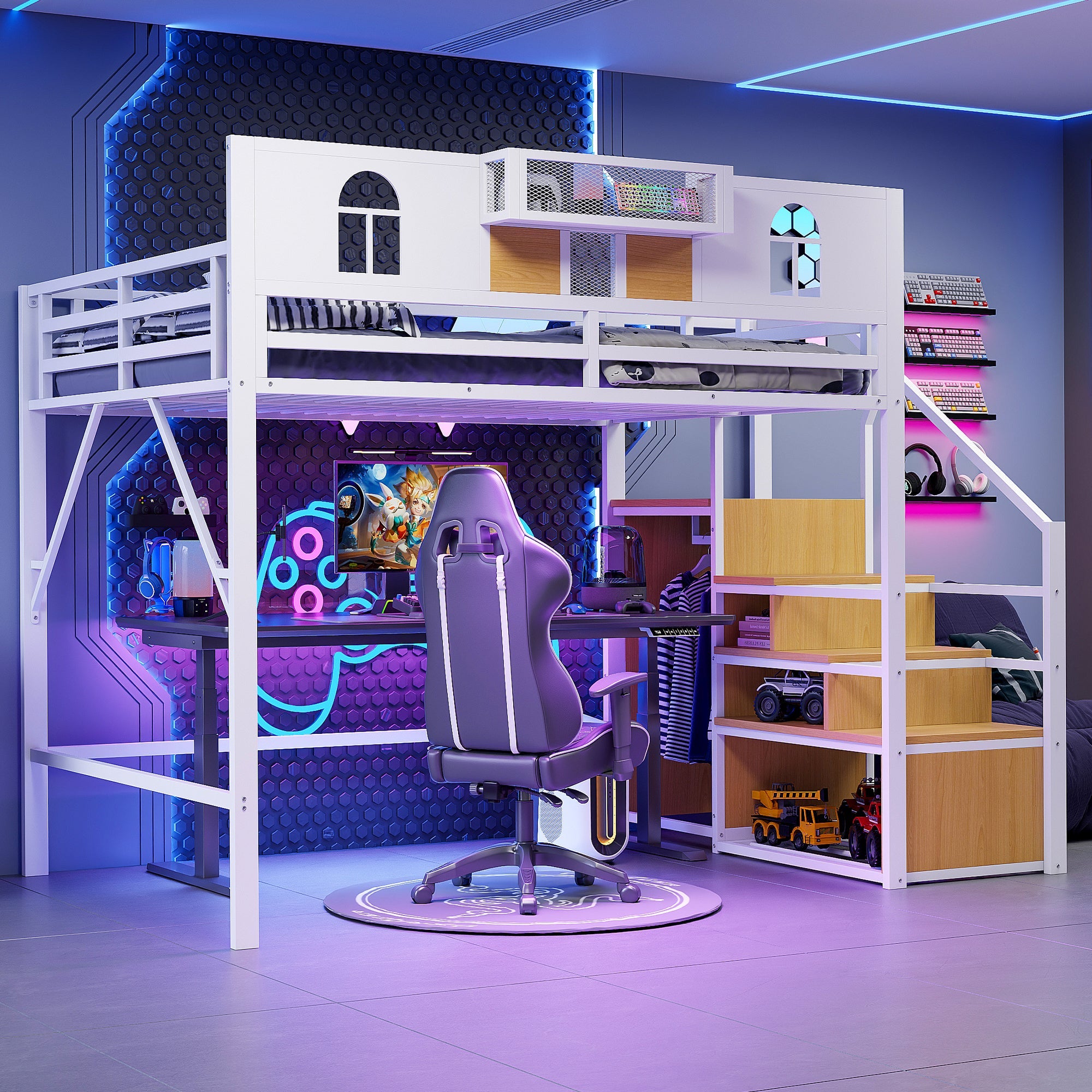 Metal Loft Bed 140x200cm with Storage Ladder & Desk, White Metal Frame