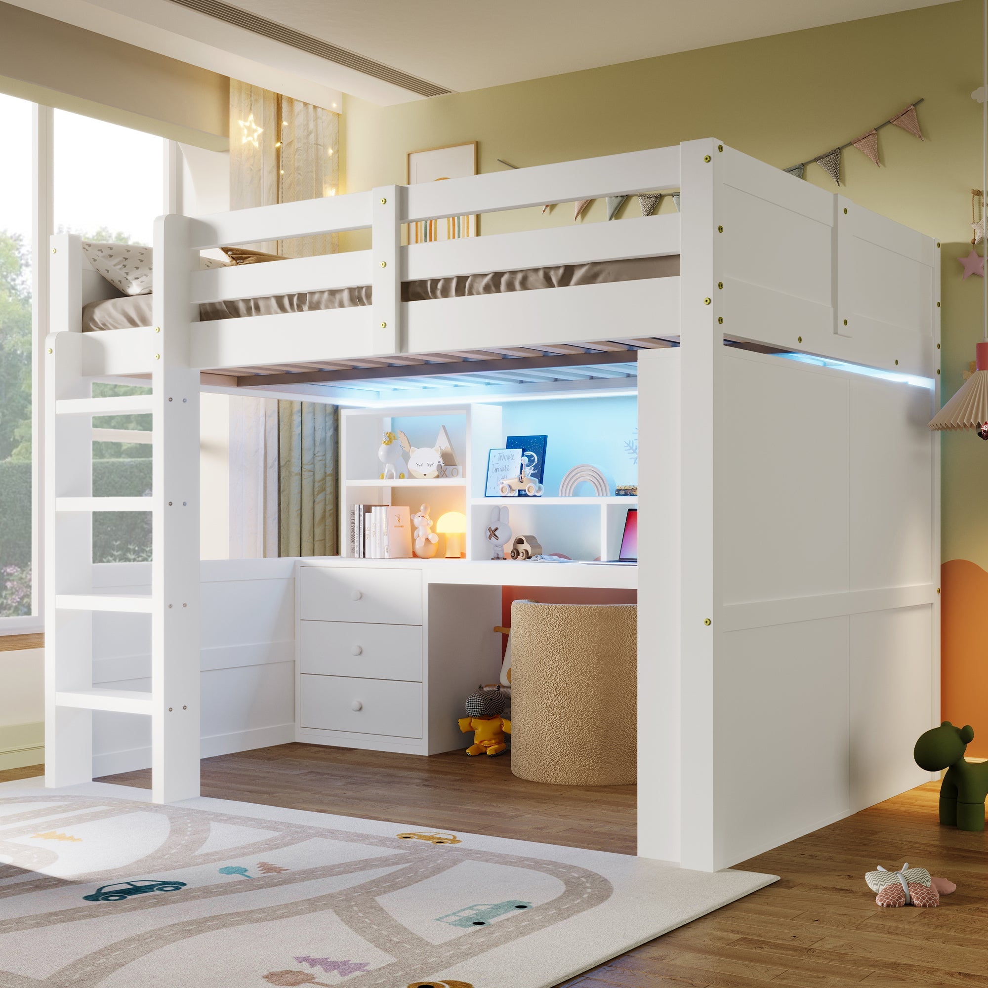 Loft Bed 140x200cm with LED Lights, Wardrobe, Desk, Drawers, Storage, White