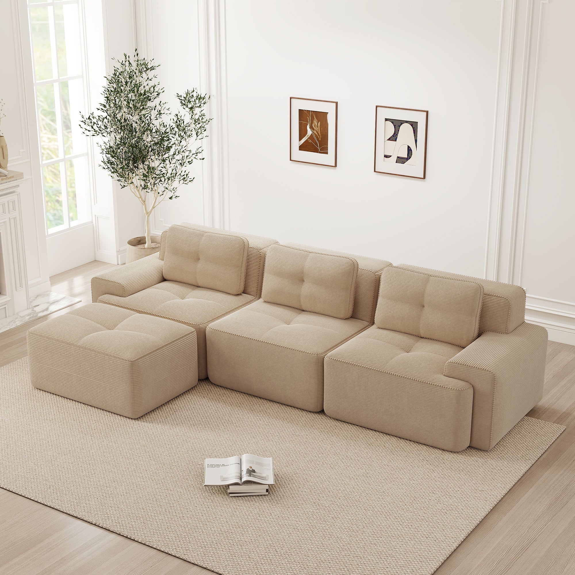 Cloud Modular L-Shaped Sofa 3-Seater Ottoman Boneless Corduroy Beige