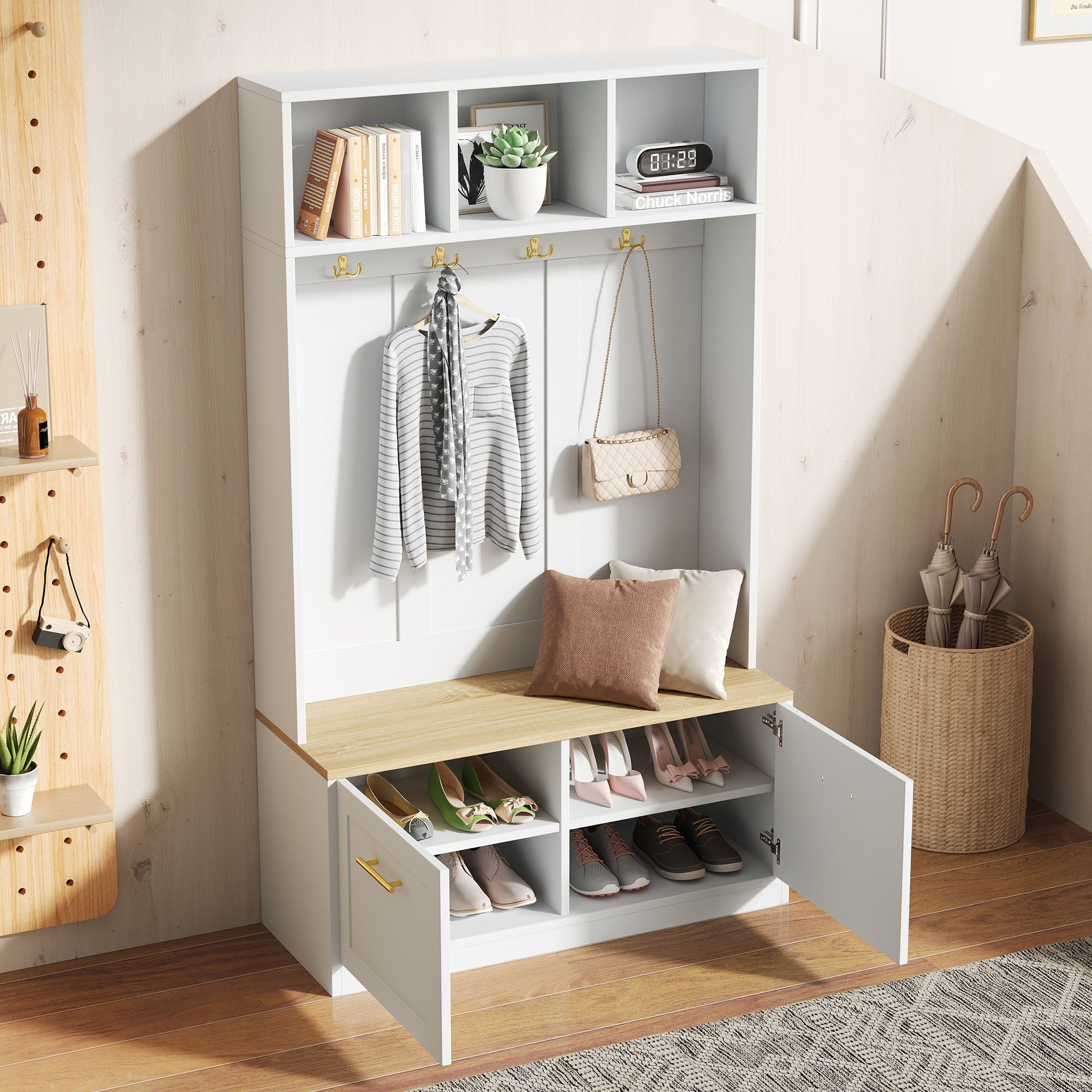 Wardrobe Set Compact Hallway Bench 2 Doors 4 Hooks natural & white