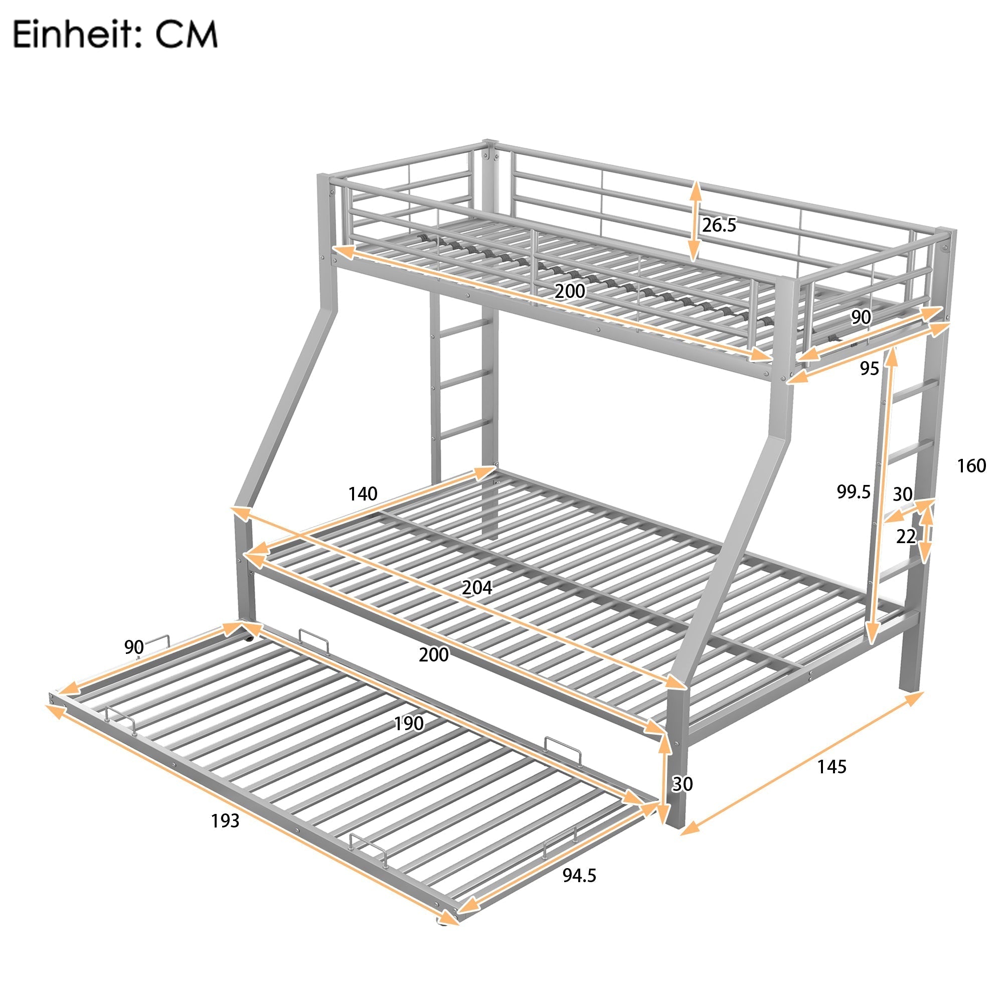 Bunk Bed Pull-out Bed Ladder 90(140)x200cm - Silver Metal