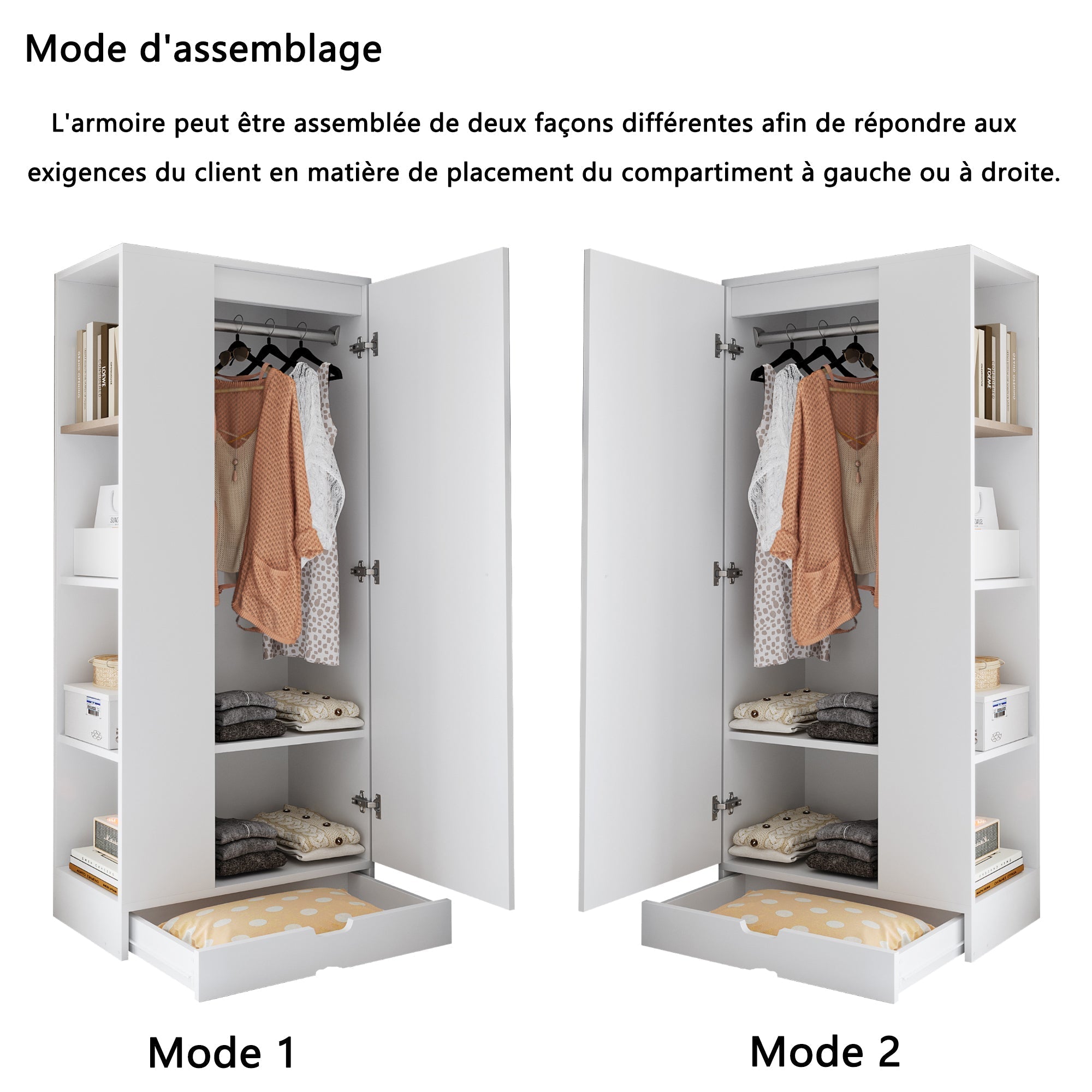 Wardrobe 70x40x170cm Single-Door with Shelves and Drawers, Pure White