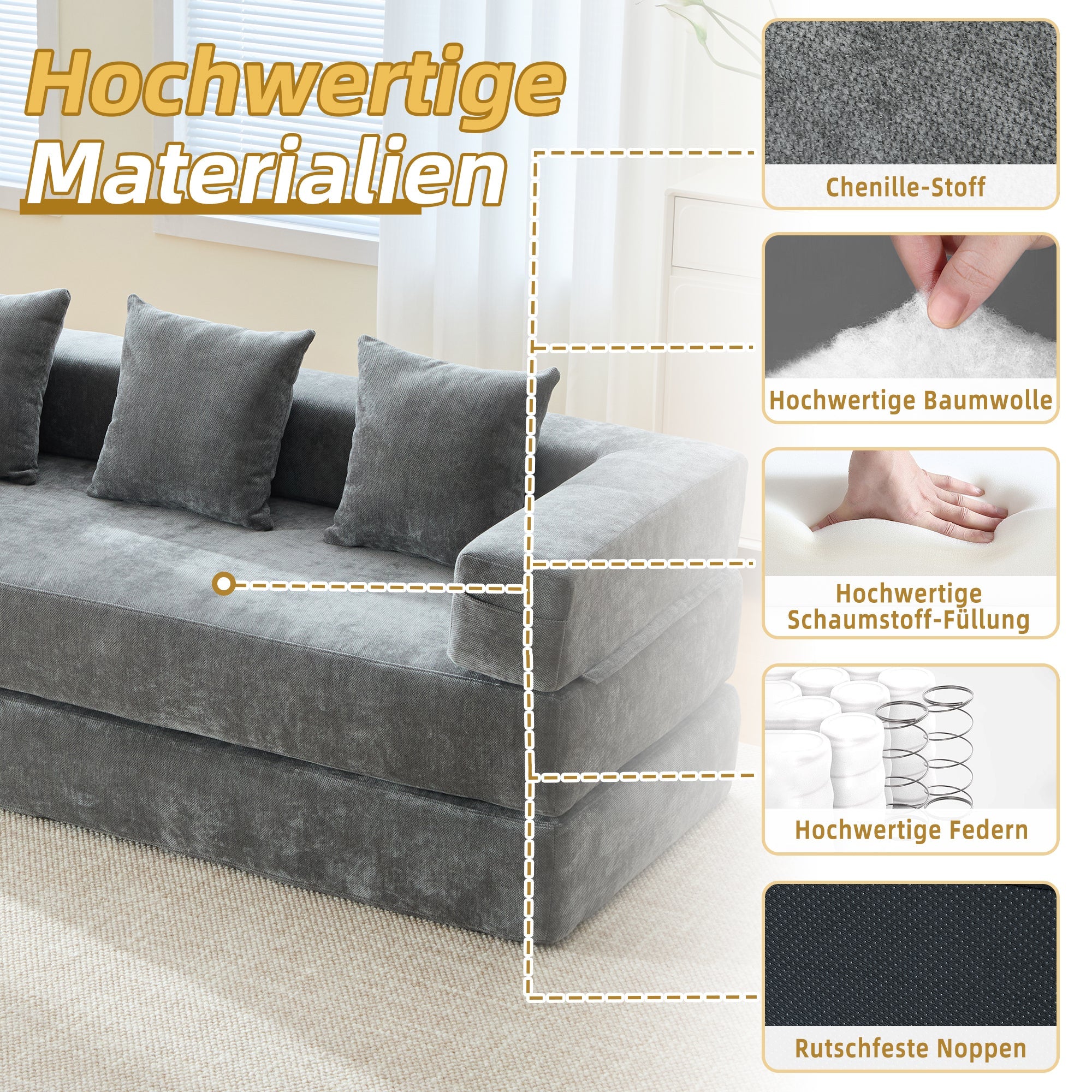 Modular Chenille Block Sofa - Super Soft, Combinable with Side Pockets - Chenille Fabric