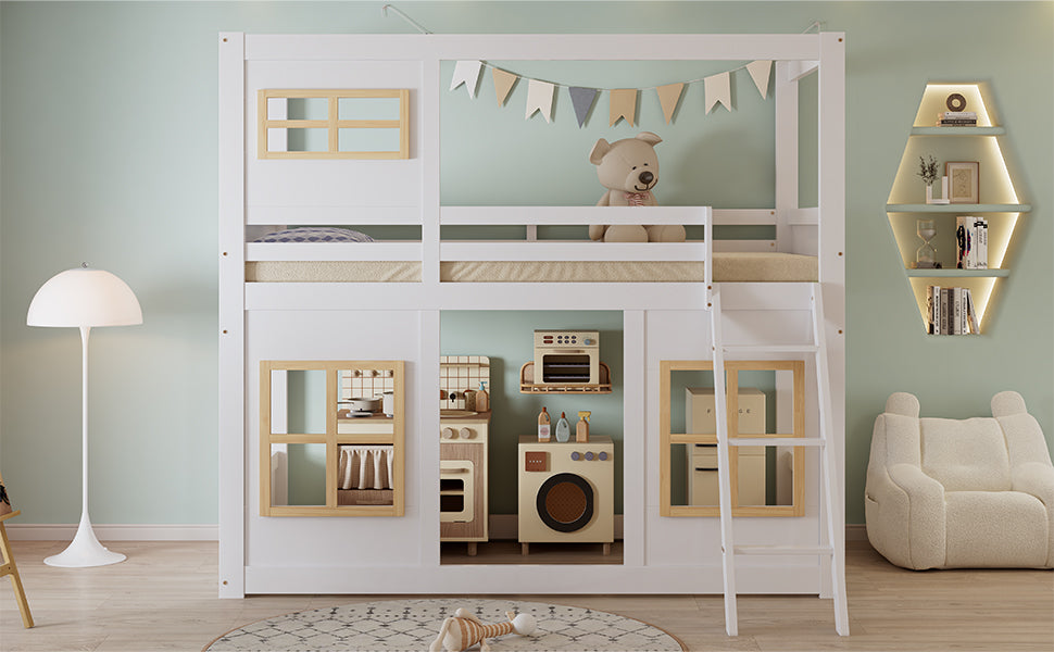 Bunk Bed, Kids with Windows, Ladder & Fencing, Pine + MDF + Plywood