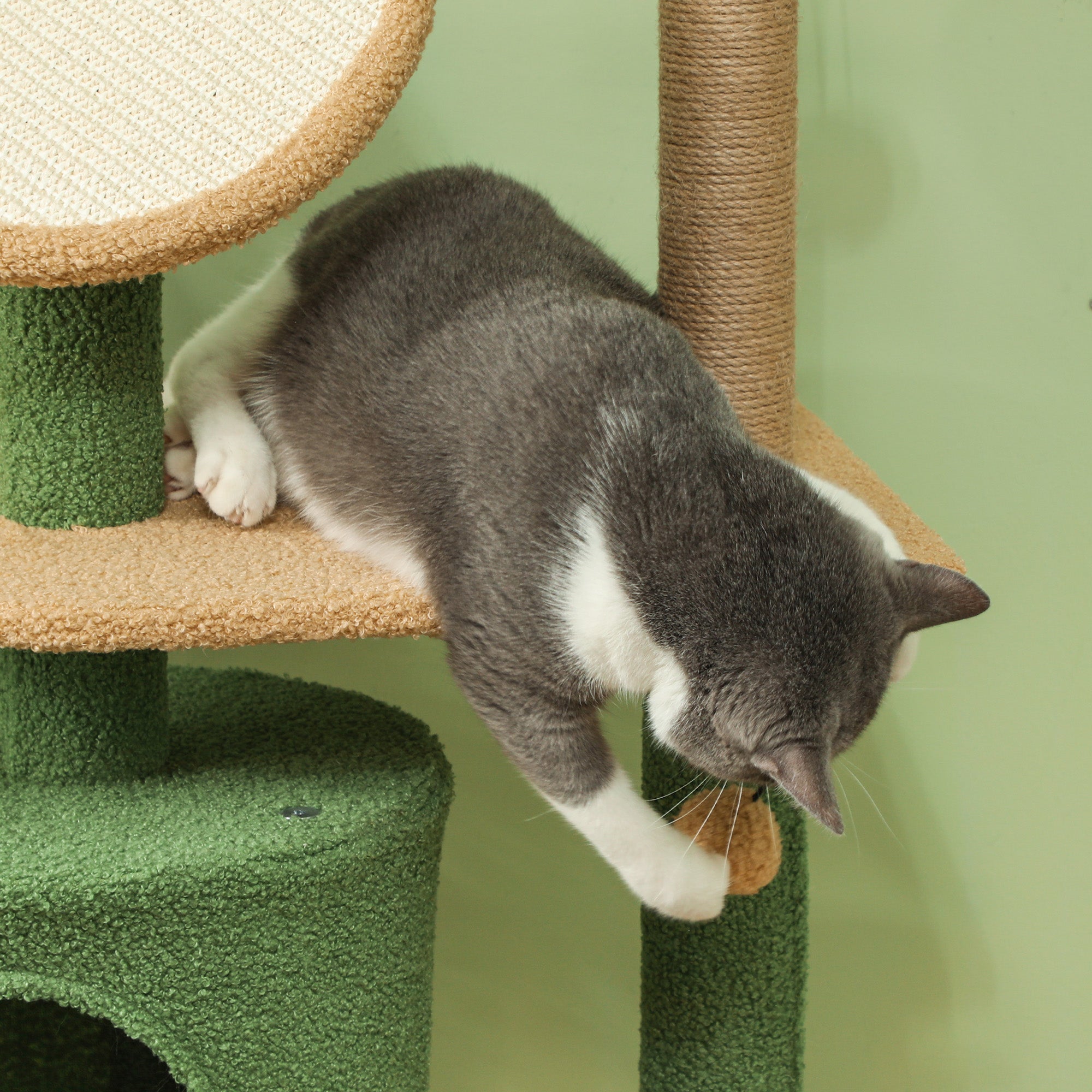 Cat Tree 139cm, with Cat Cave, Sisal Scratching Posts, Green