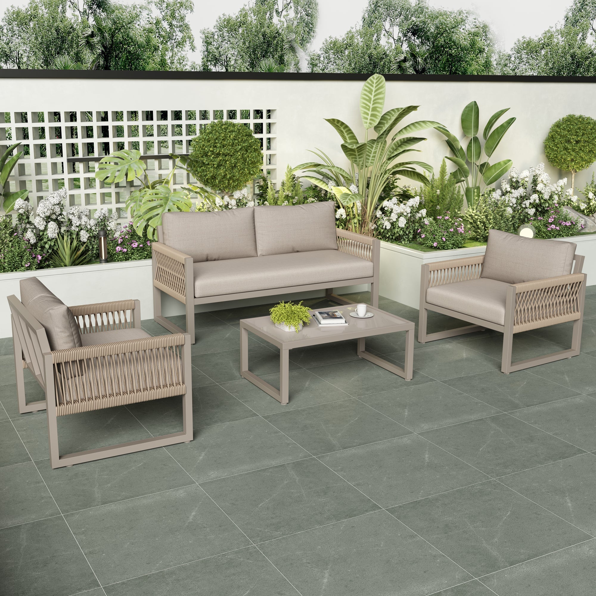 Garden Lounge Set 4-Piece Rope Furniture with Glass Top, Khaki Rope/Iron Frame