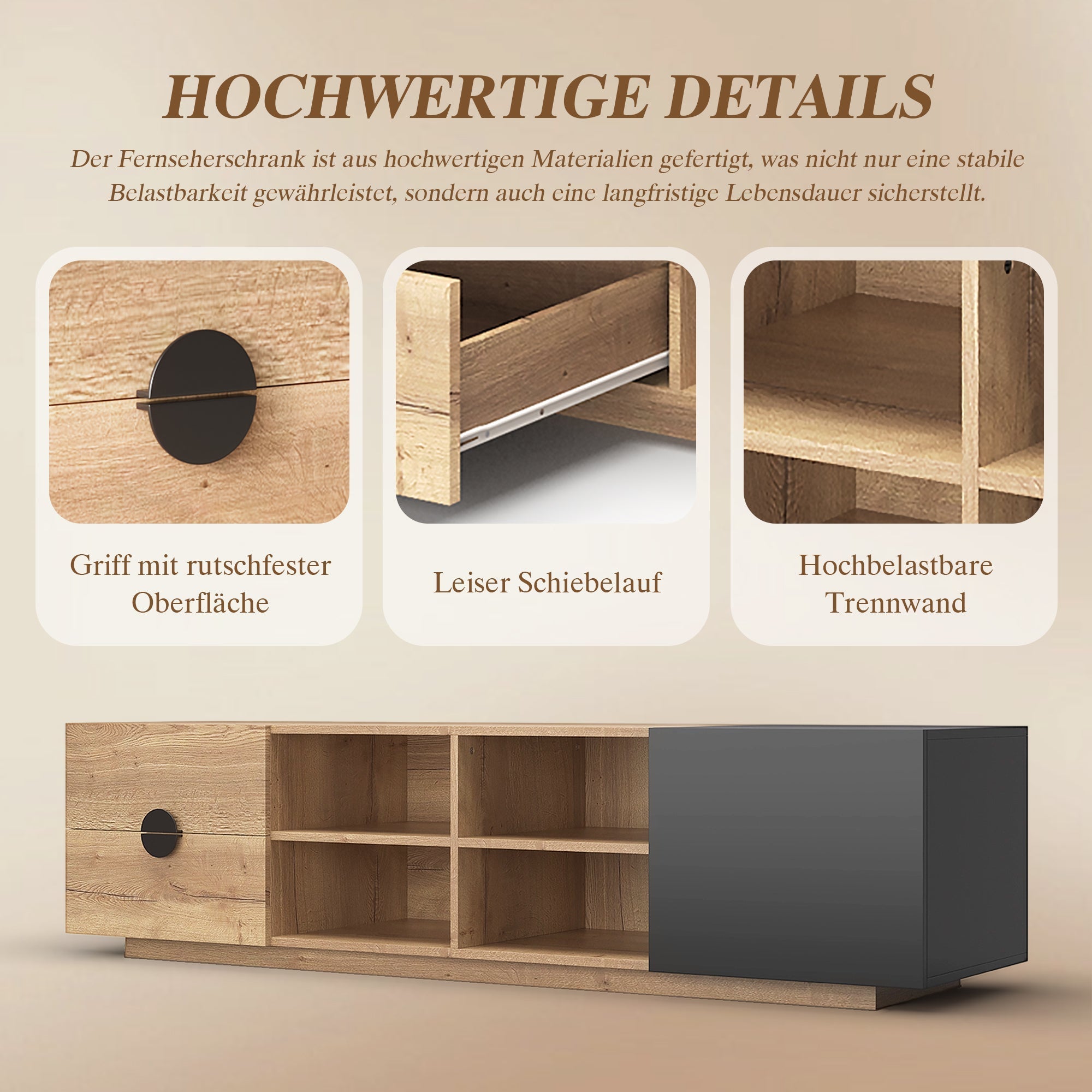 TV Cabinet with Drawer, Open Compartment and LED Lighting, Wood and Black Wood Contrast