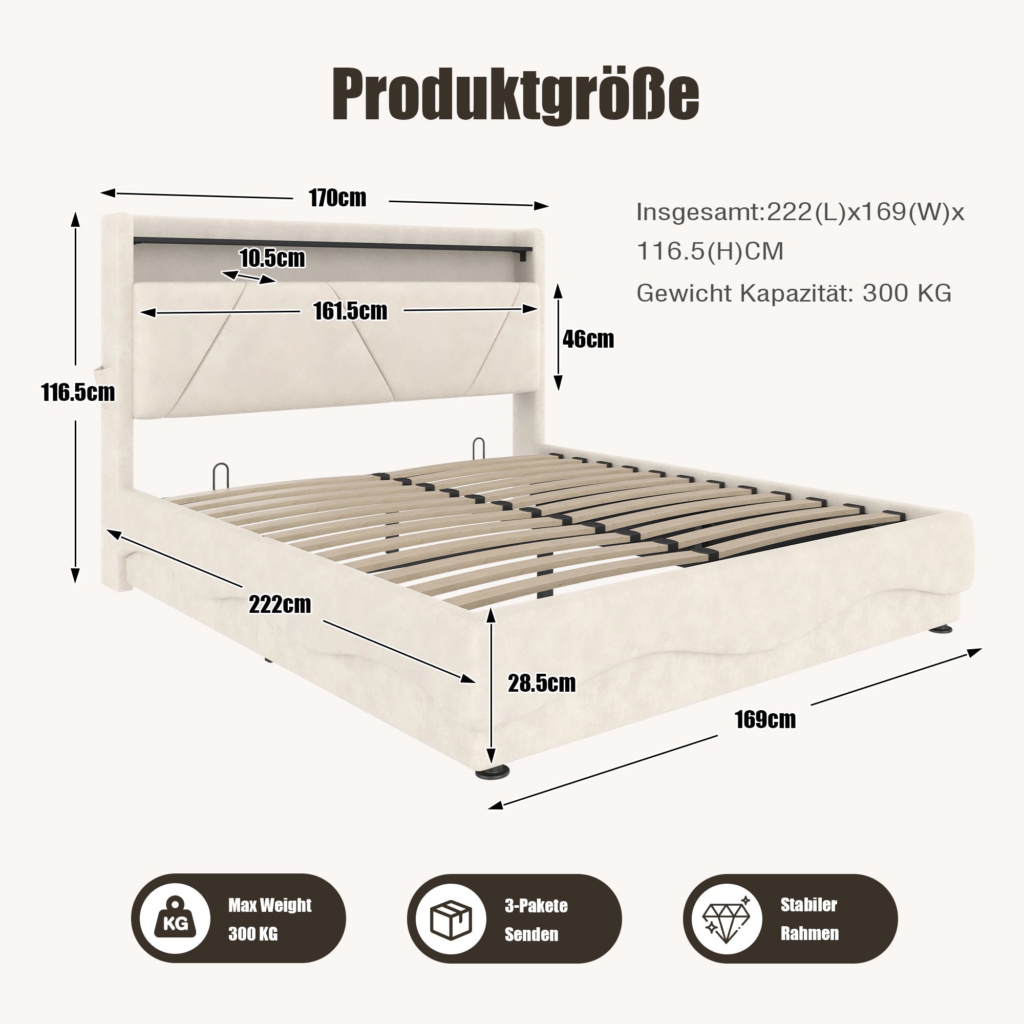 Upholstered Bed 160x200cm LED Headboard Storage USB Gas Lift