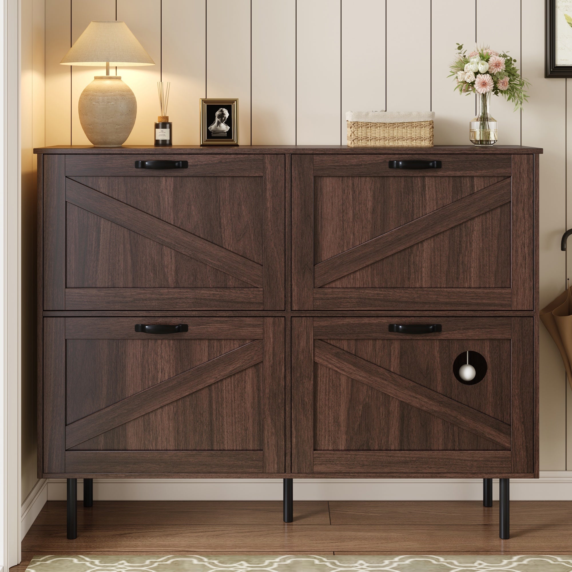 Narrow shoe cabinet with 3 flaps and pet toy storage, for hallway use