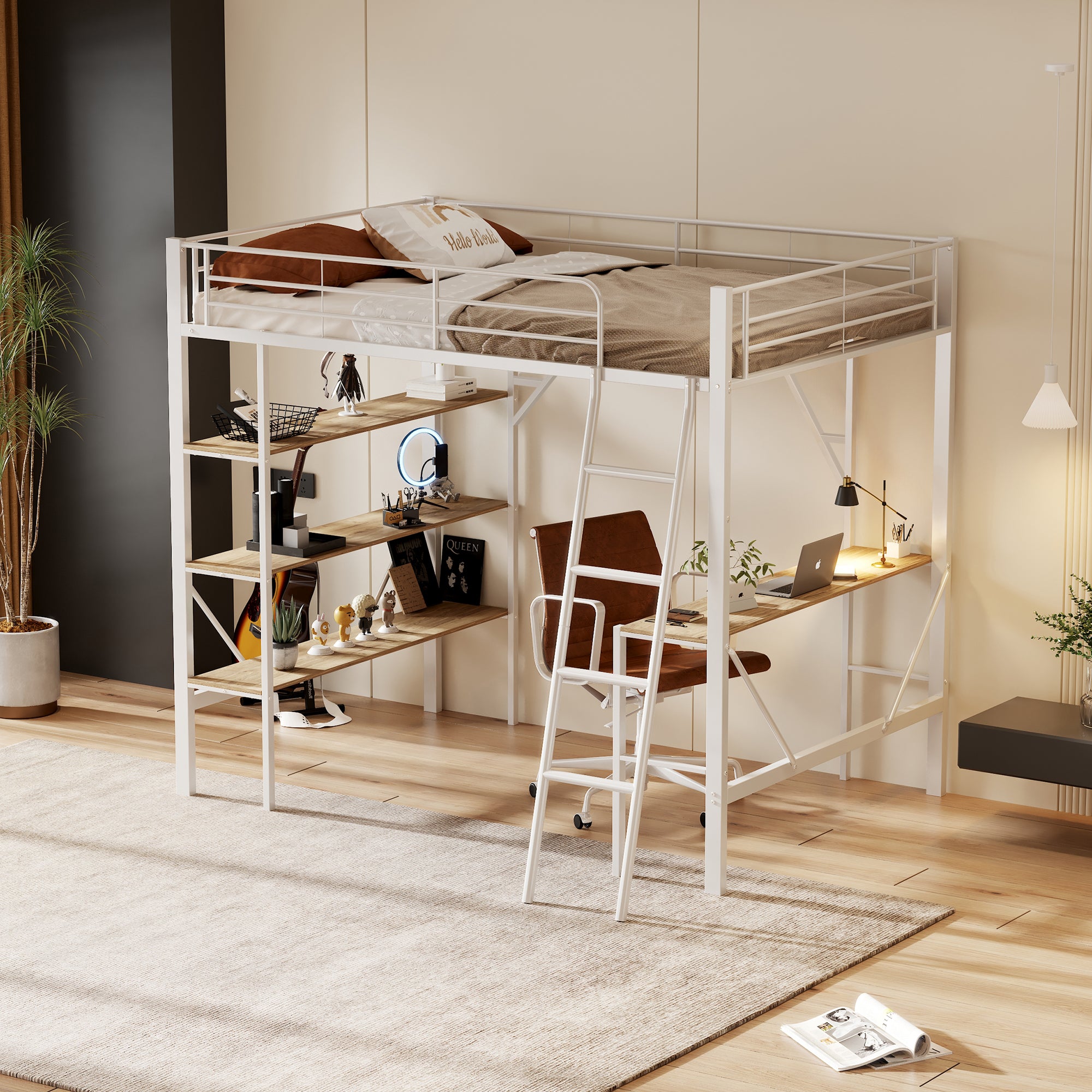 Loft Bed 90x200cm with Desk 3 Shelves - White Metal